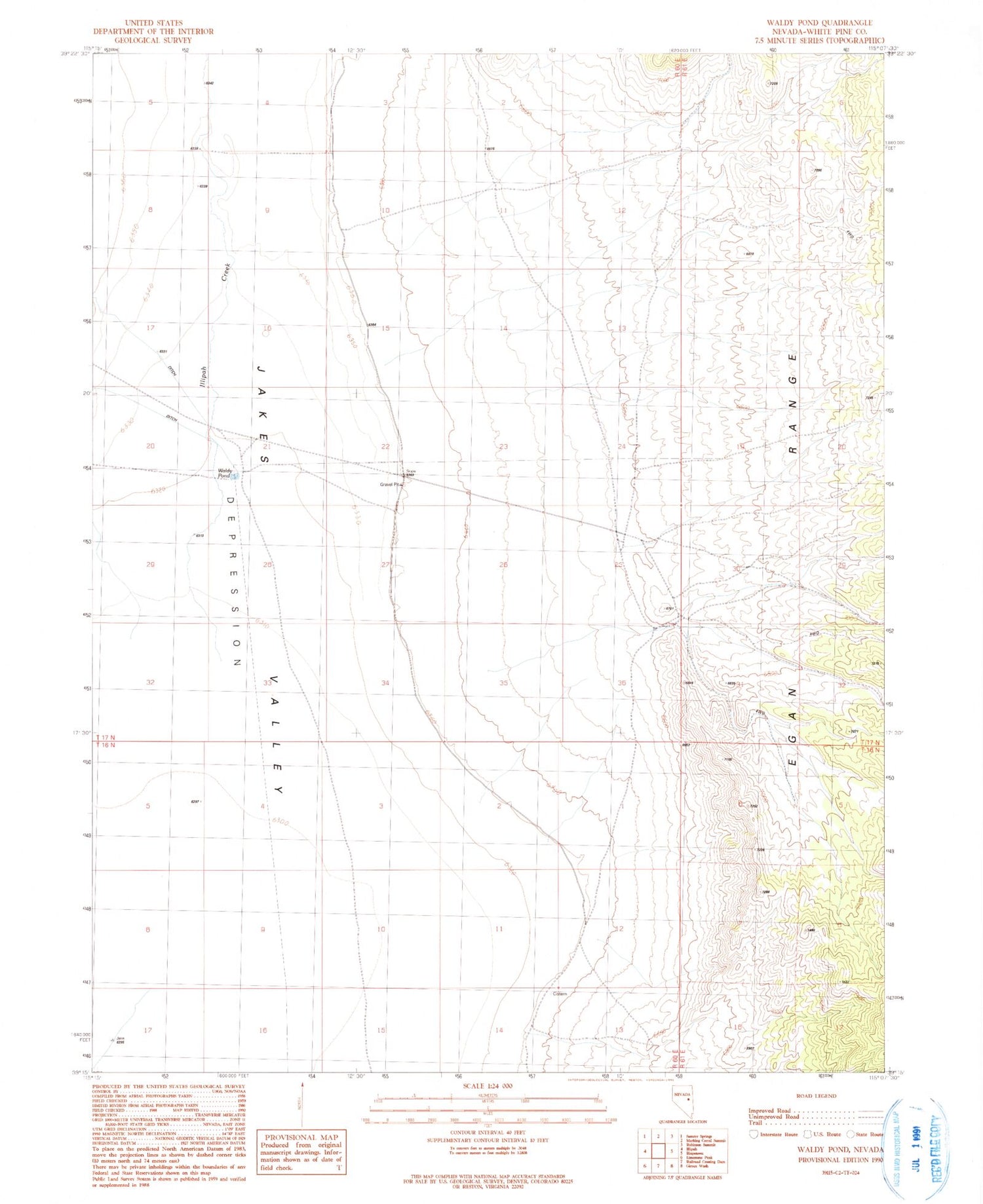 Classic USGS Waldy Pond Nevada 7.5'x7.5' Topo Map Image