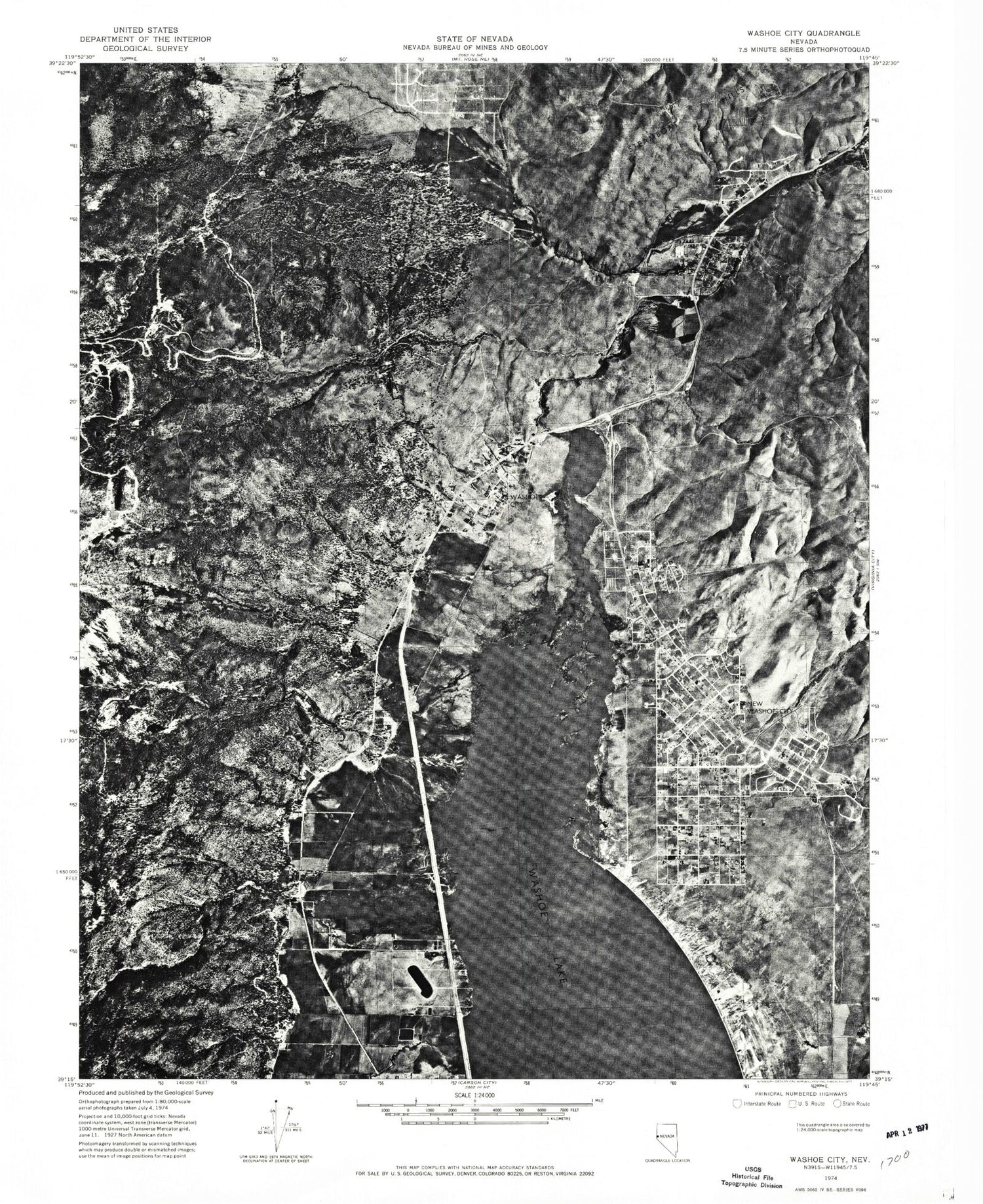 Classic USGS Washoe City Nevada 7.5'x7.5' Topo Map Image