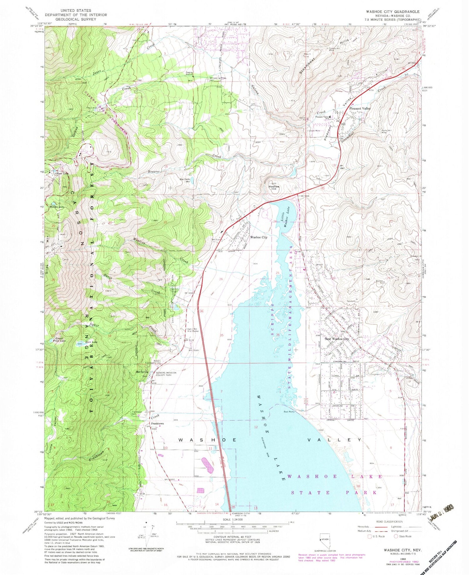 Classic USGS Washoe City Nevada 7.5'x7.5' Topo Map Image