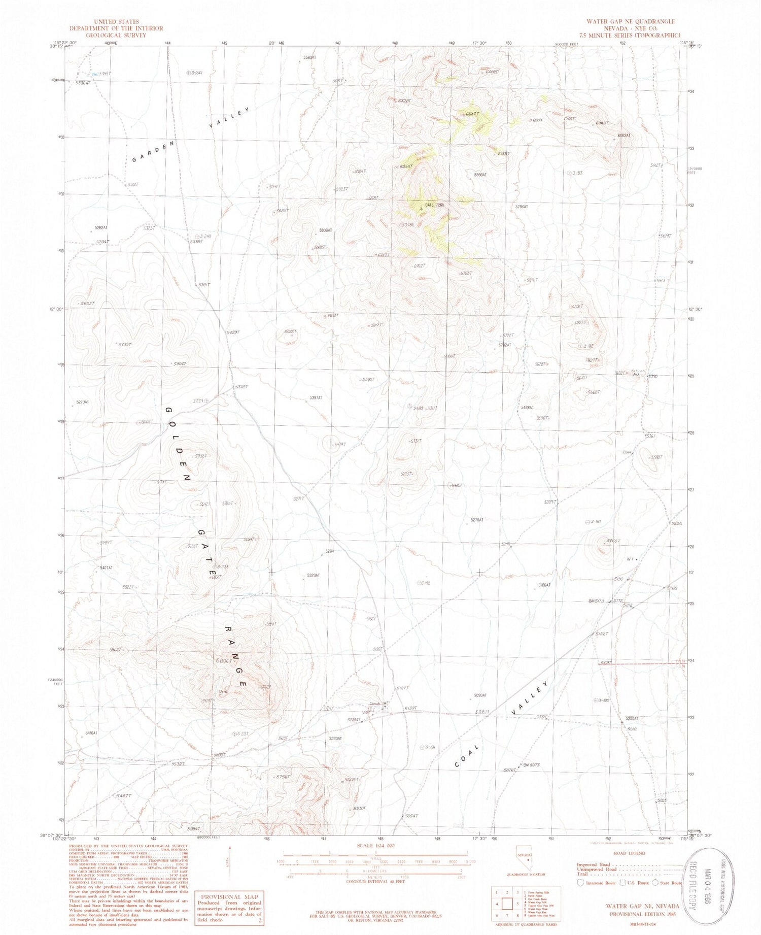 Classic USGS Water Gap NE Nevada 7.5'x7.5' Topo Map Image