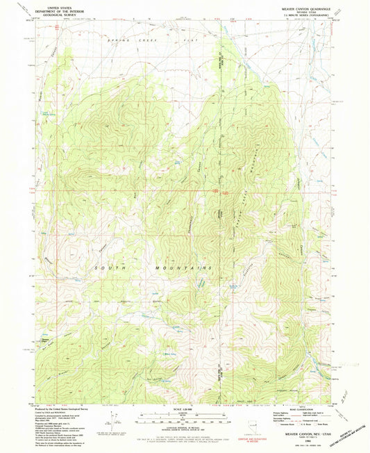 Classic USGS Weaver Canyon Nevada 7.5'x7.5' Topo Map Image