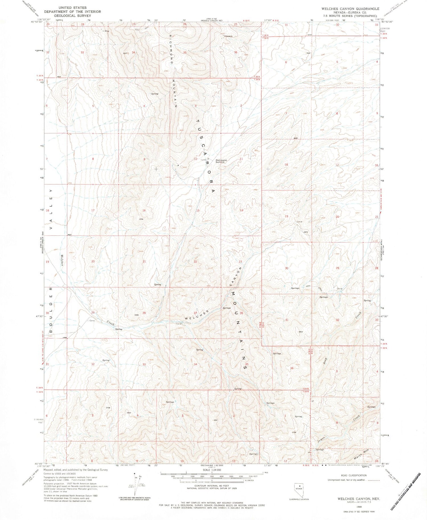 Classic USGS Welches Canyon Nevada 7.5'x7.5' Topo Map Image