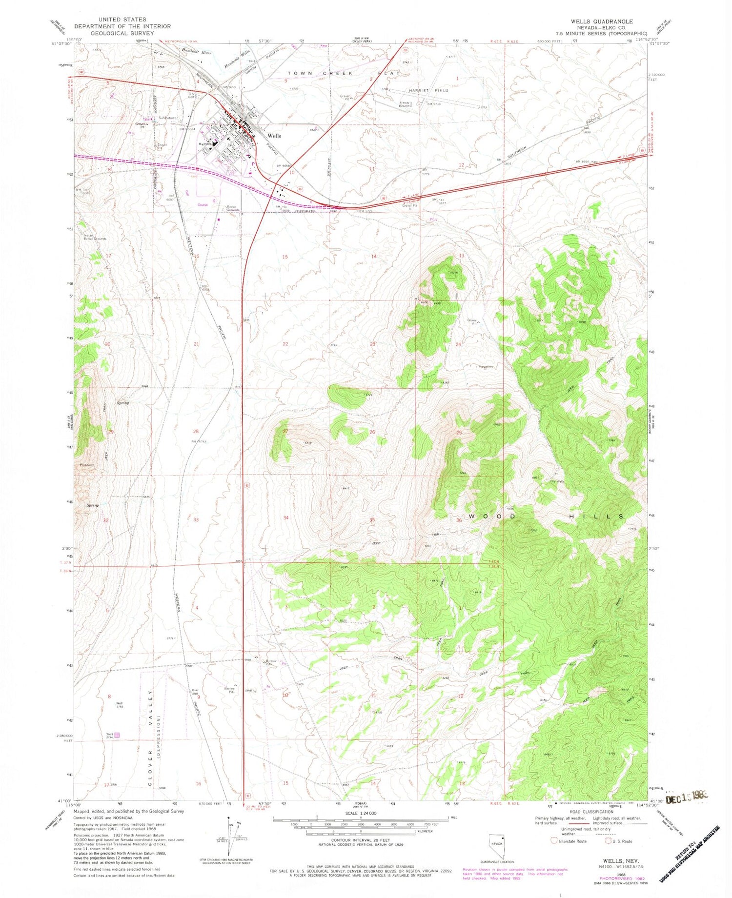 Classic USGS Wells Nevada 7.5'x7.5' Topo Map Image