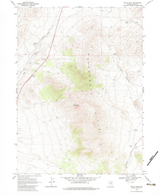 Classic USGS Wells Peak Nevada 7.5'x7.5' Topo Map Image