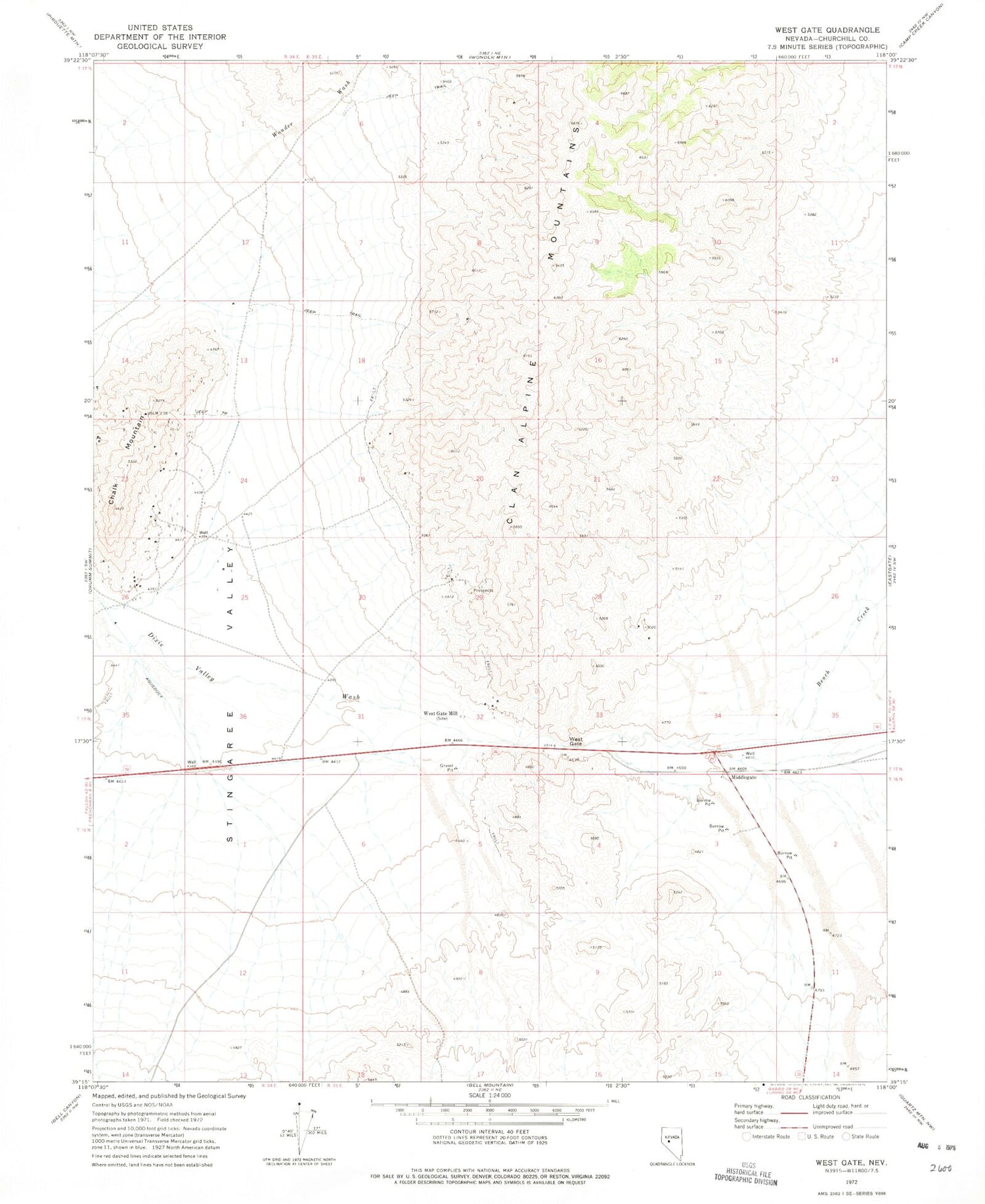 Classic USGS West Gate Nevada 7.5'x7.5' Topo Map Image