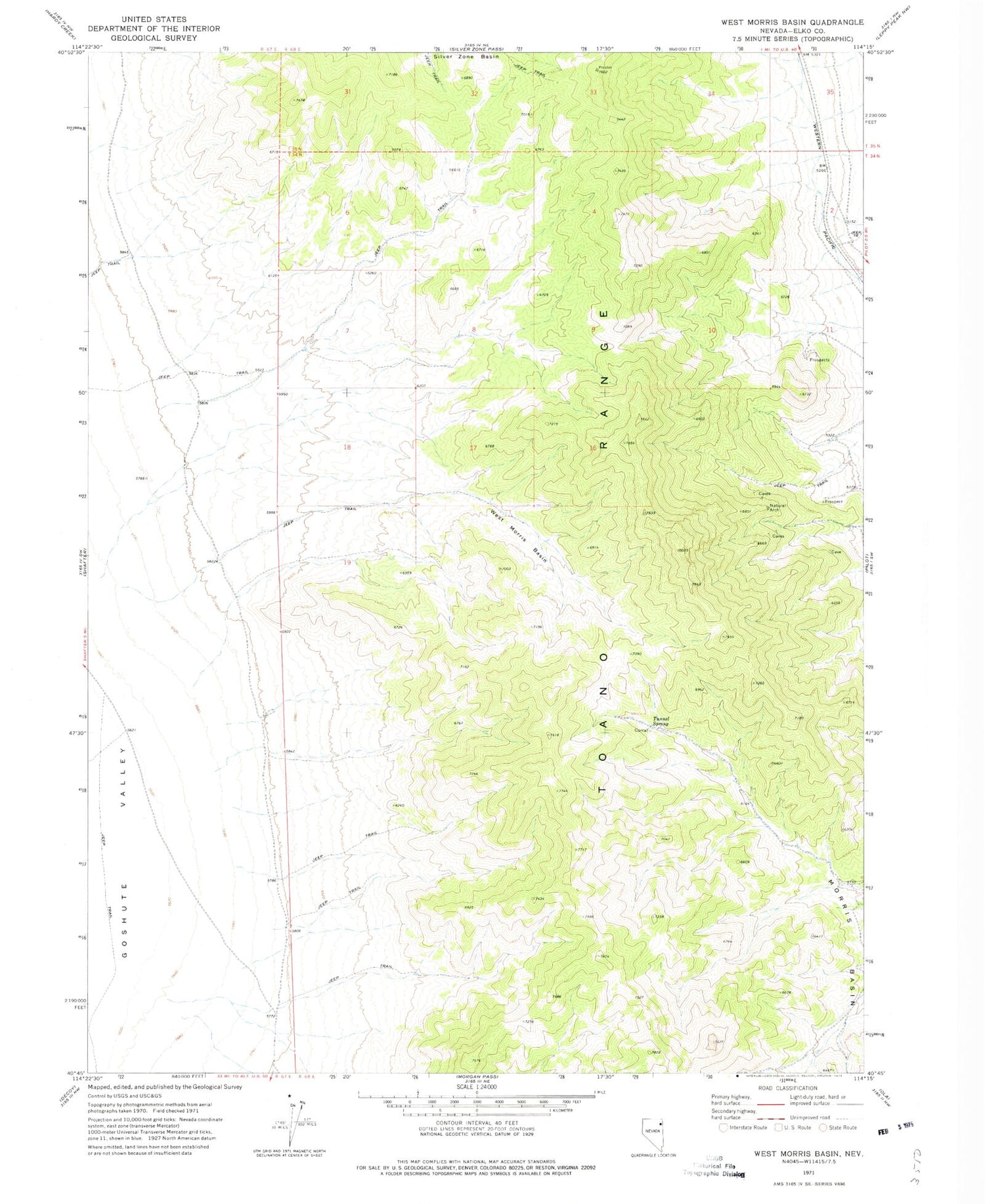 Classic USGS West Morris Basin Nevada 7.5'x7.5' Topo Map Image