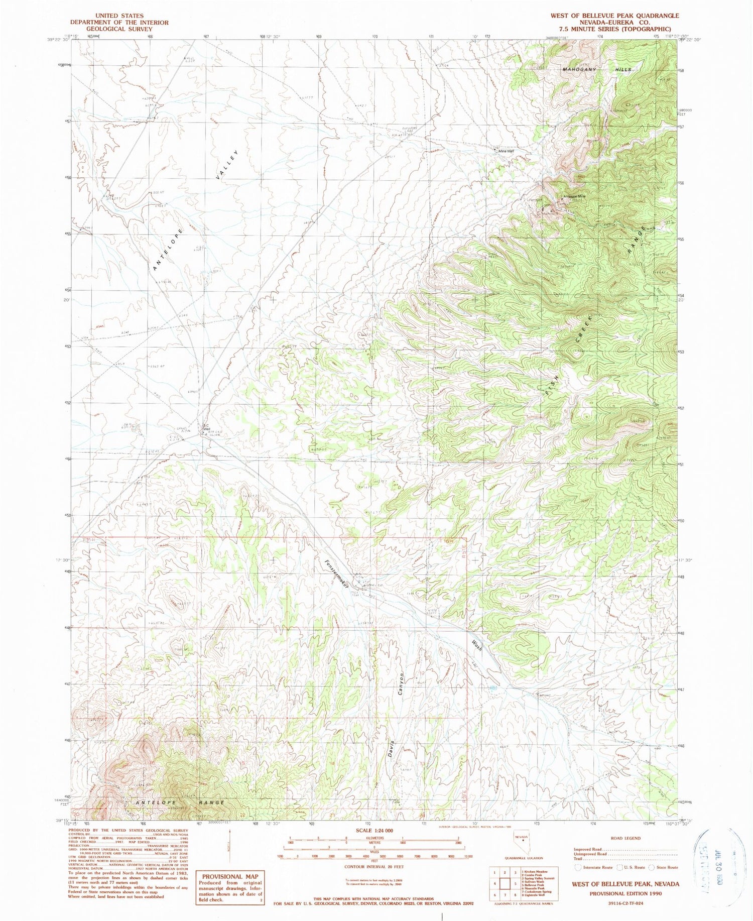 Classic USGS West of Bellevue Peak Nevada 7.5'x7.5' Topo Map Image