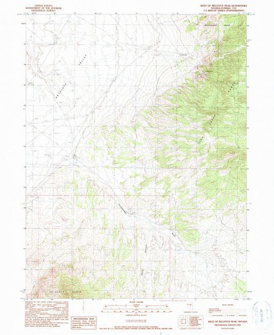 Classic USGS West of Bellevue Peak Nevada 7.5'x7.5' Topo Map Image