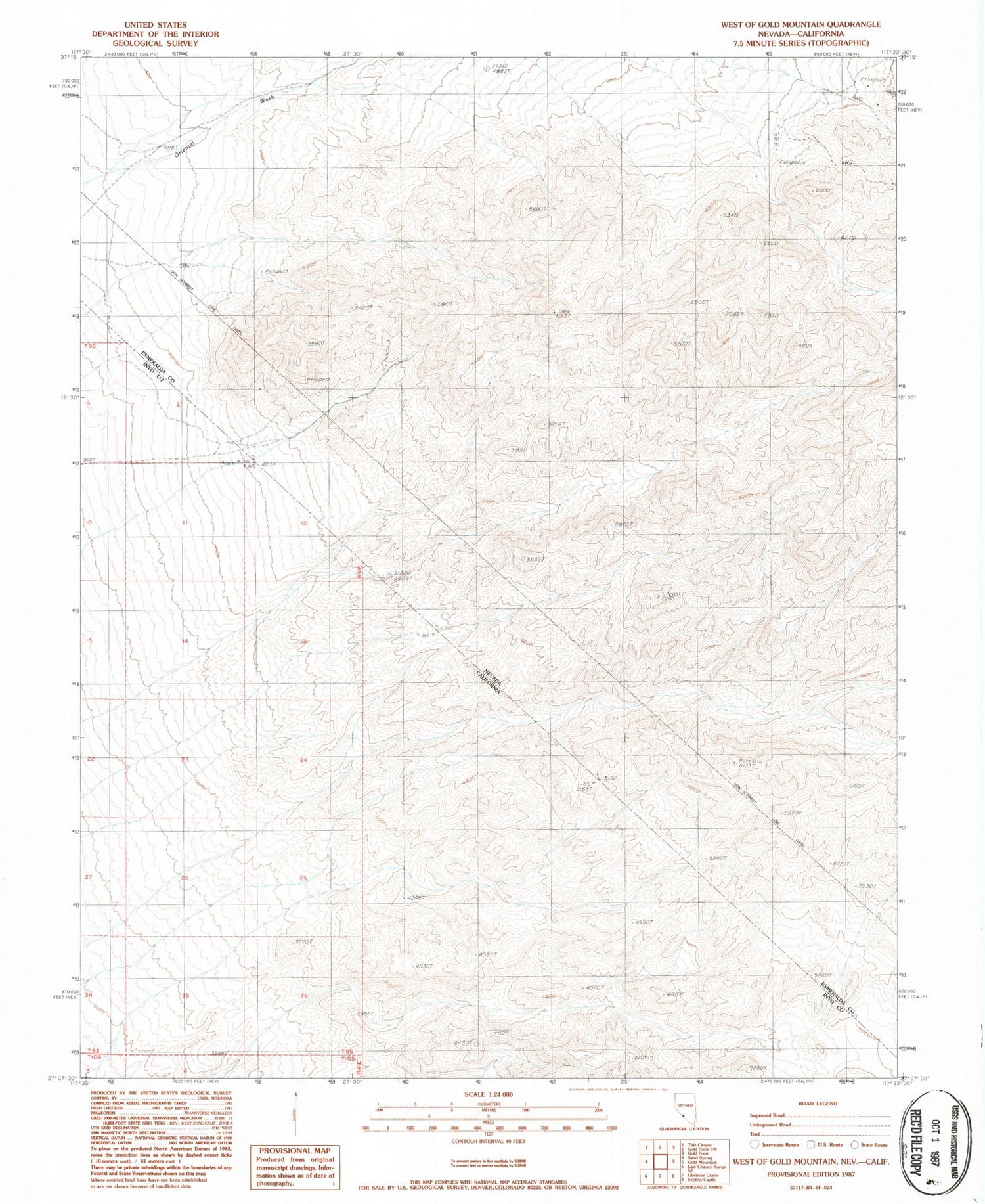Classic USGS West of Gold Mountain Nevada 7.5'x7.5' Topo Map Image