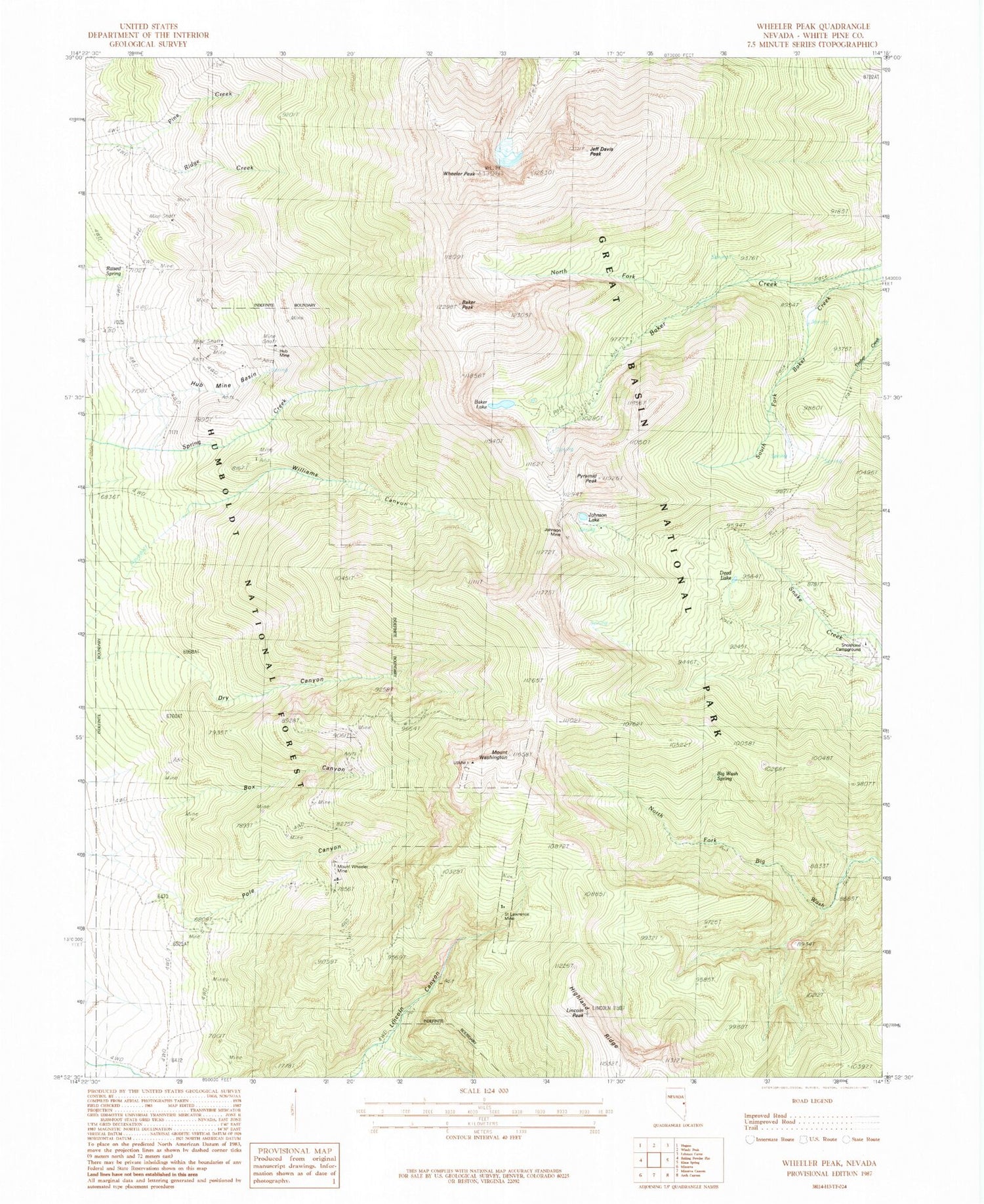 Classic USGS Wheeler Peak Nevada 7.5'x7.5' Topo Map Image