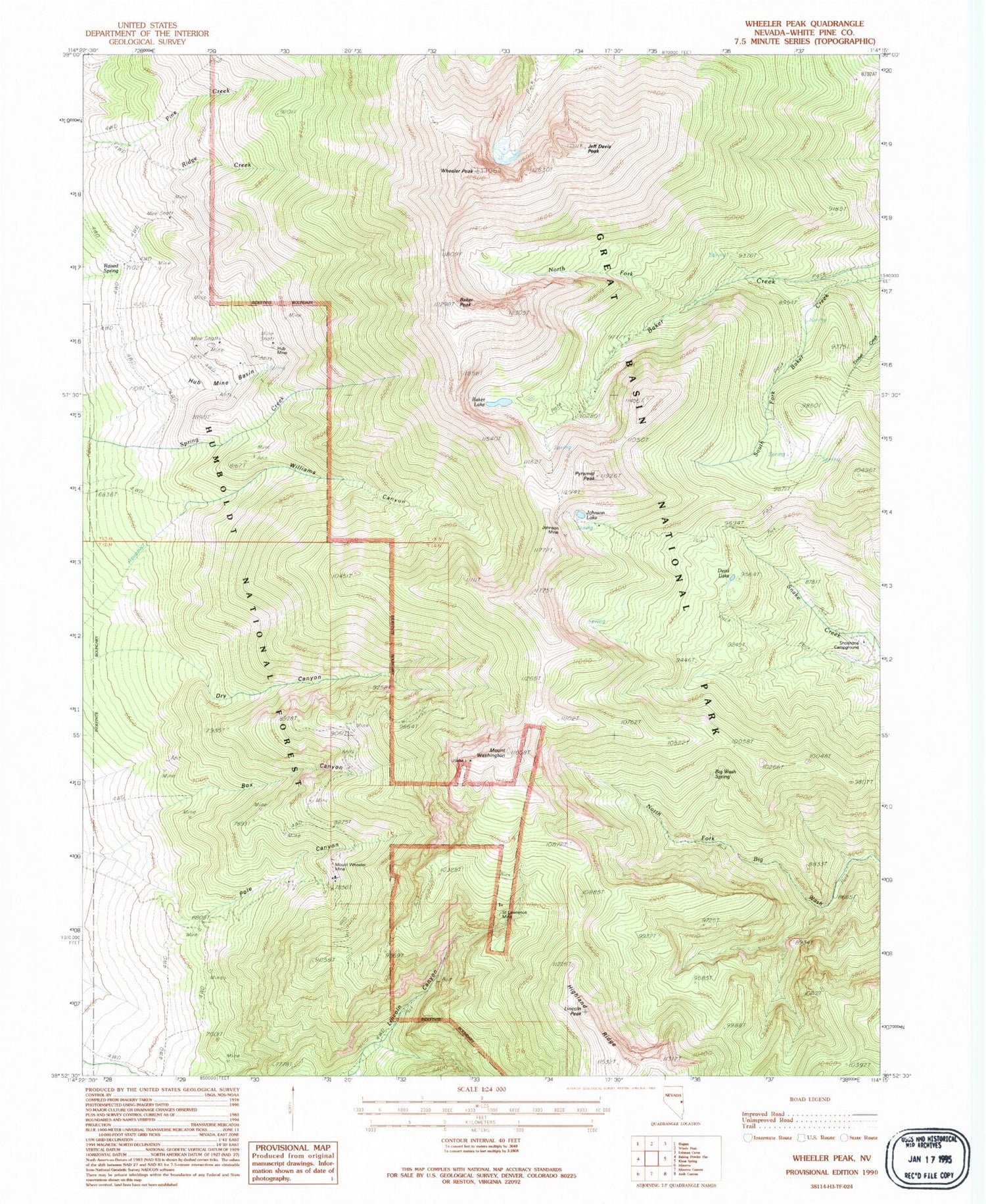 Classic USGS Wheeler Peak Nevada 7.5'x7.5' Topo Map Image