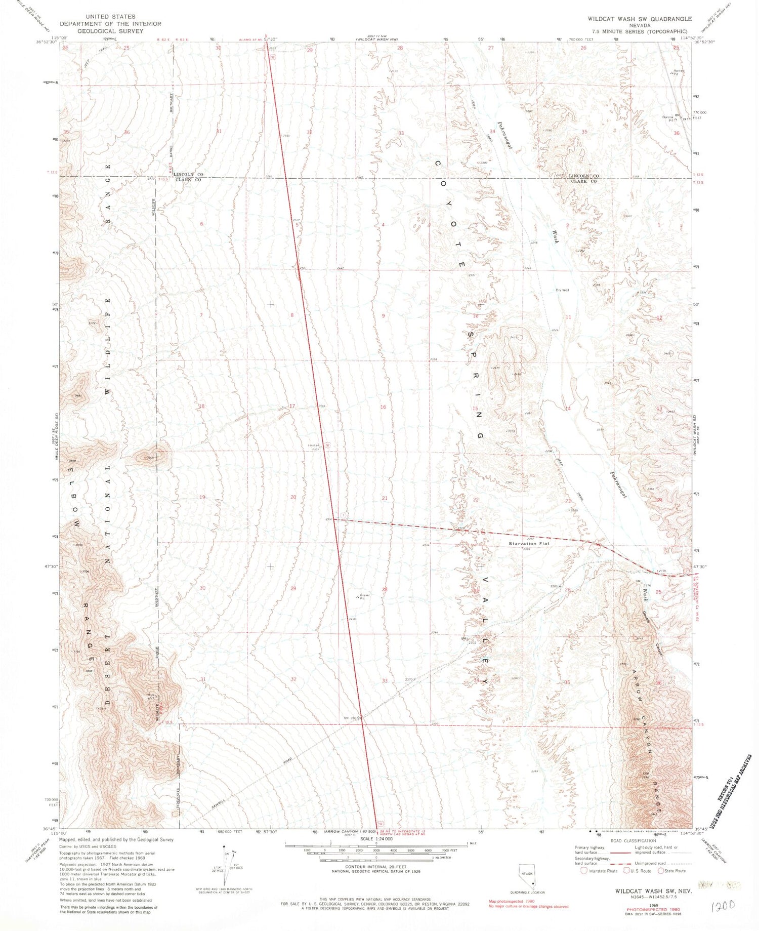 Classic USGS Wildcat Wash SW Nevada 7.5'x7.5' Topo Map Image