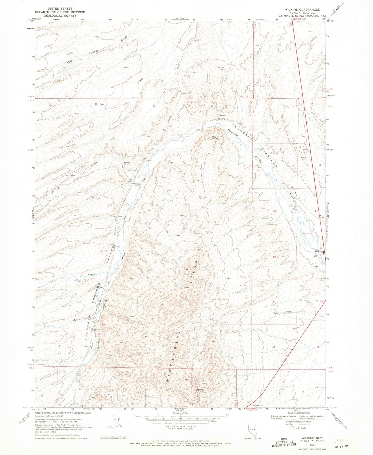 Classic USGS Wilkins Nevada 7.5'x7.5' Topo Map Image