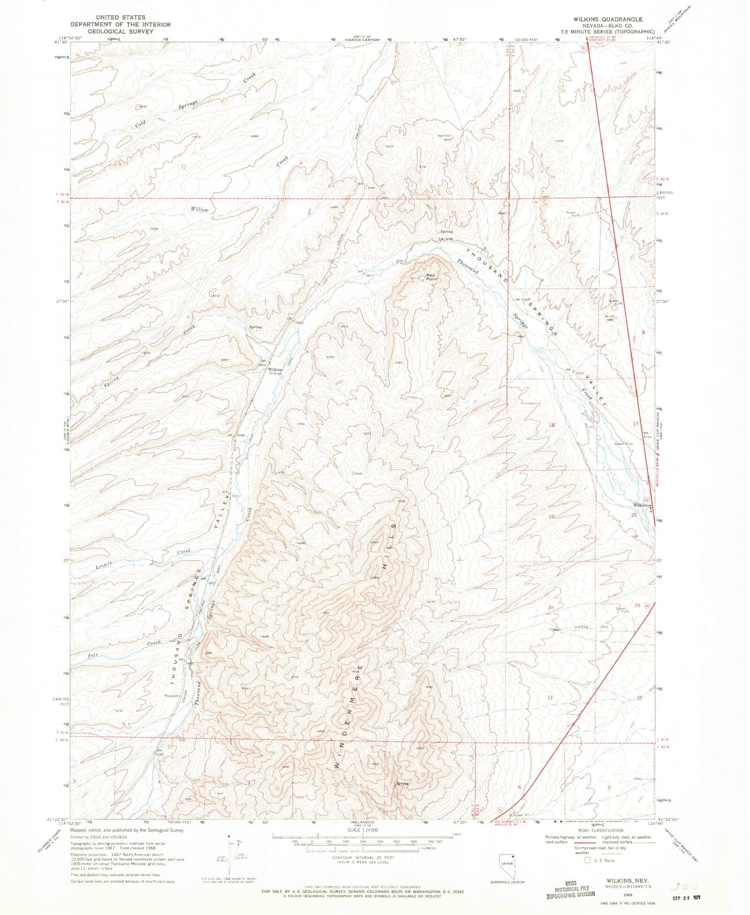 Classic USGS Wilkins Nevada 7.5'x7.5' Topo Map Image