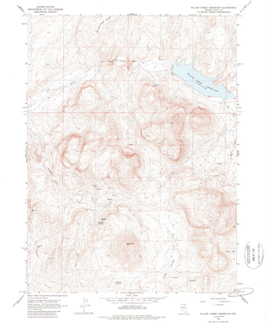 Classic USGS Willow Creek Reservoir Nevada 7.5'x7.5' Topo Map Image