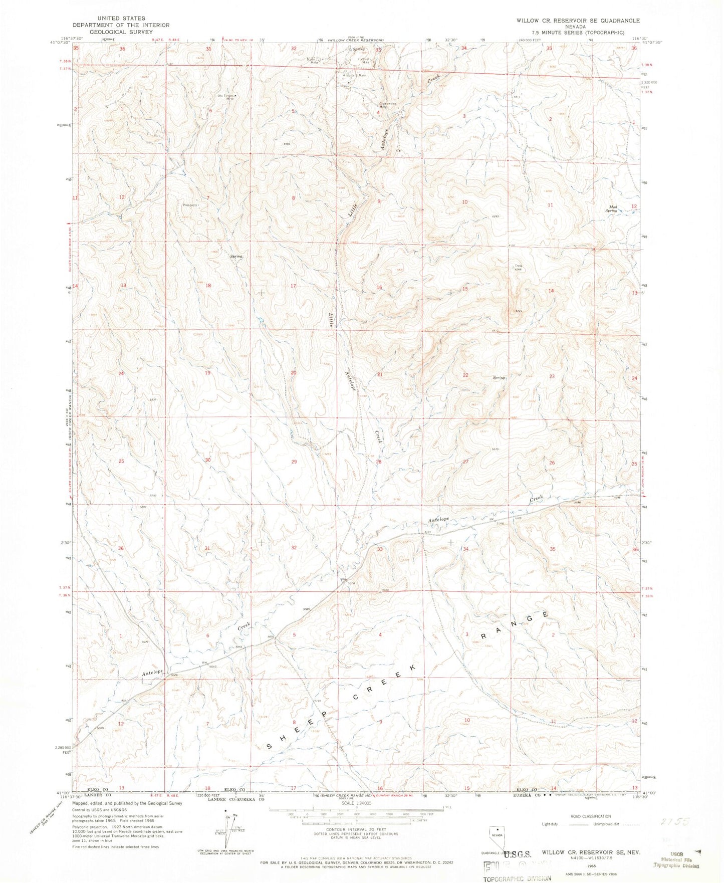 Classic USGS Willow Creek Reservoir SE Nevada 7.5'x7.5' Topo Map Image