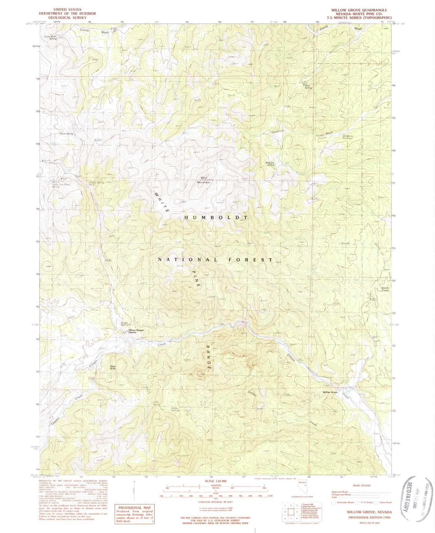 Classic USGS Willow Grove Nevada 7.5'x7.5' Topo Map Image