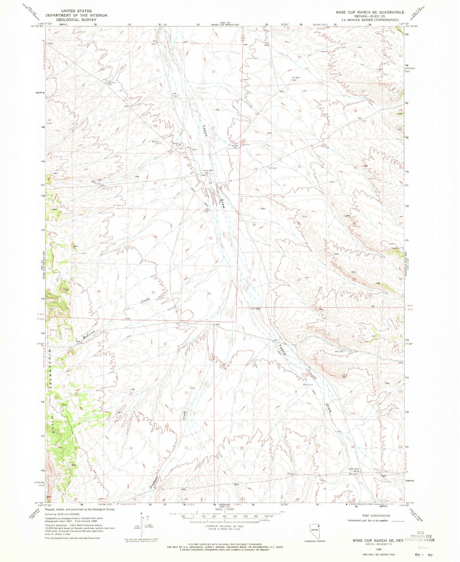 Classic USGS Wine Cup Ranch SE Nevada 7.5'x7.5' Topo Map Image