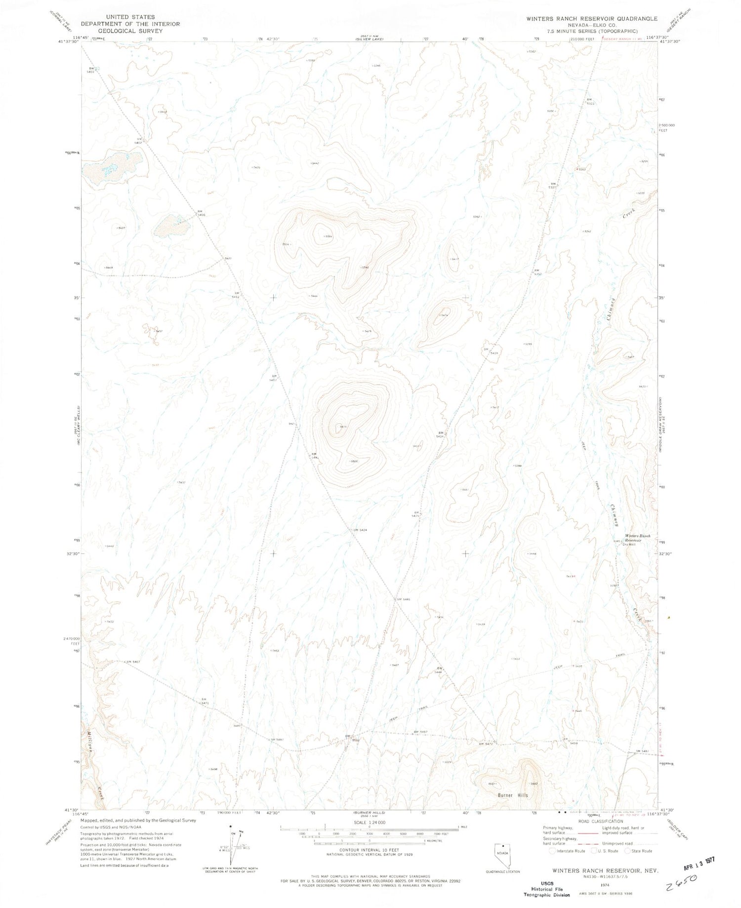 Classic USGS Winters Ranch Reservoir Nevada 7.5'x7.5' Topo Map Image