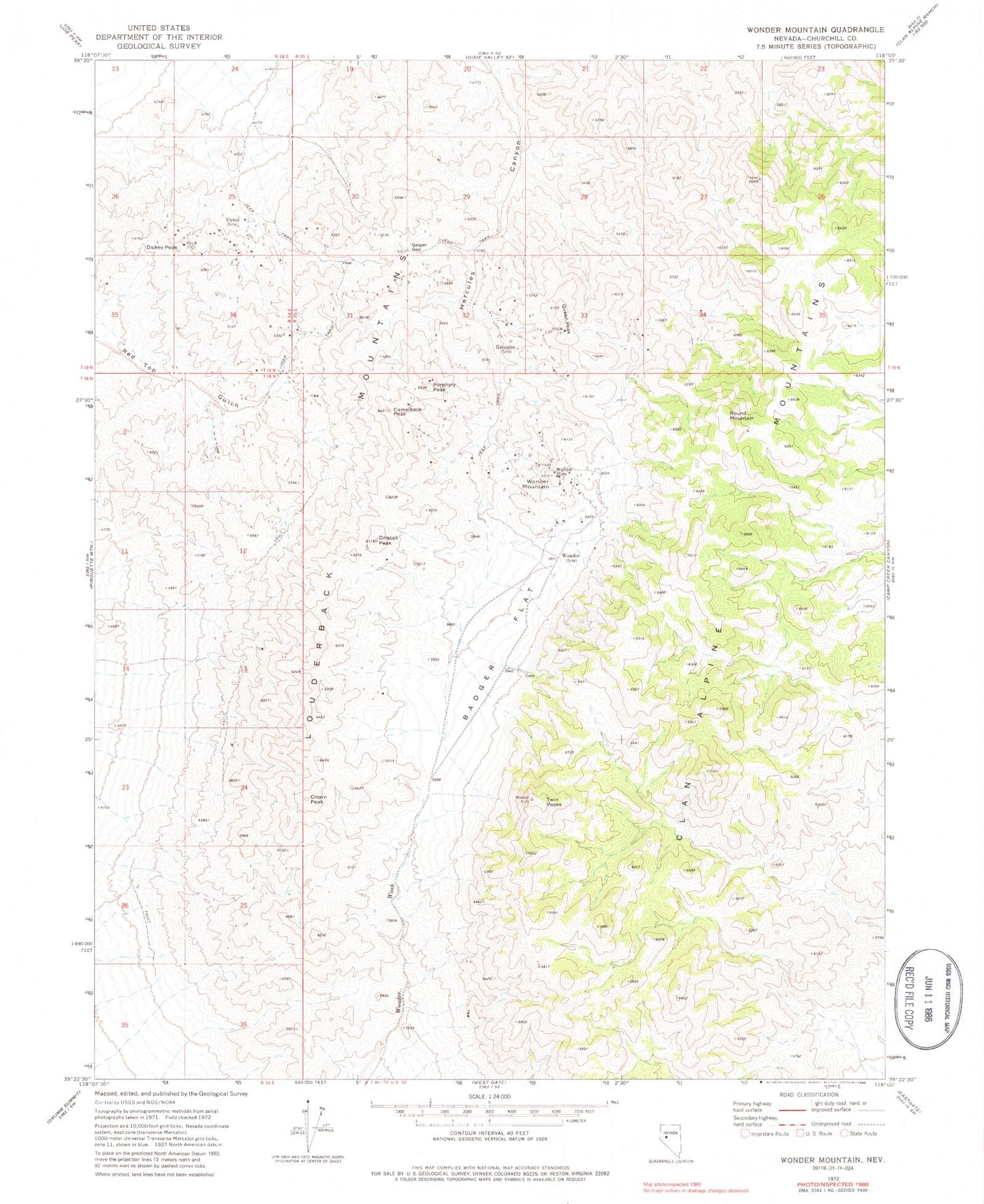 Classic USGS Wonder Mountain Nevada 7.5'x7.5' Topo Map Image