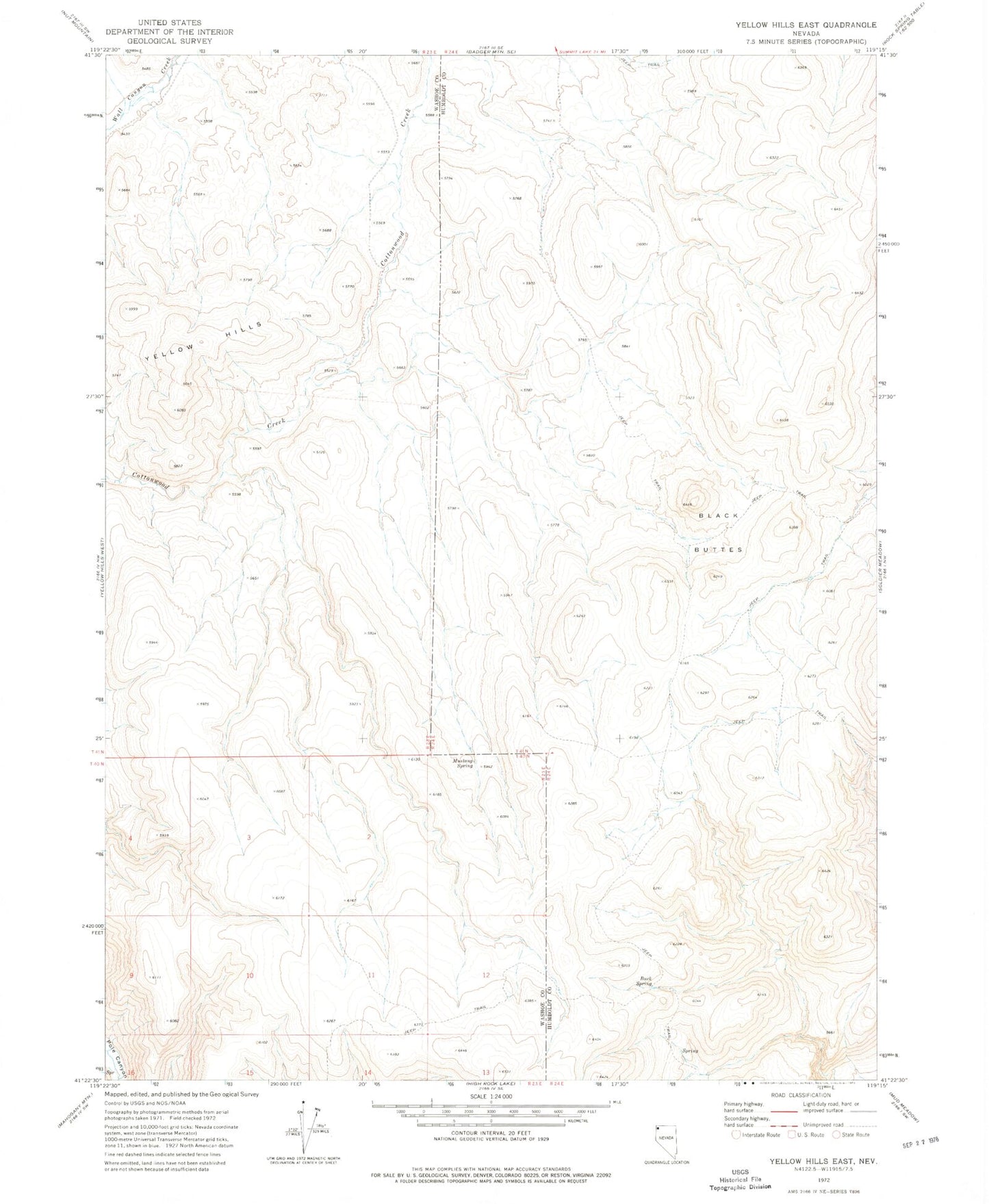 Classic USGS Yellow Hills East Nevada 7.5'x7.5' Topo Map Image