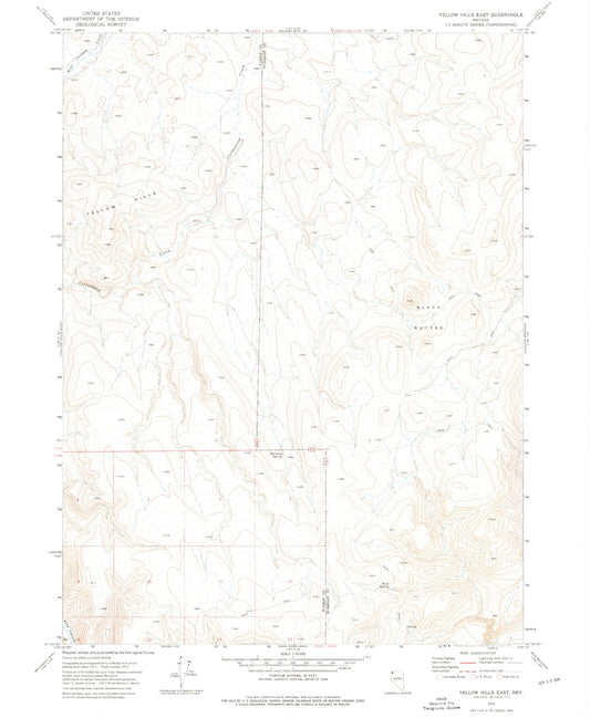 Classic USGS Yellow Hills East Nevada 7.5'x7.5' Topo Map Image