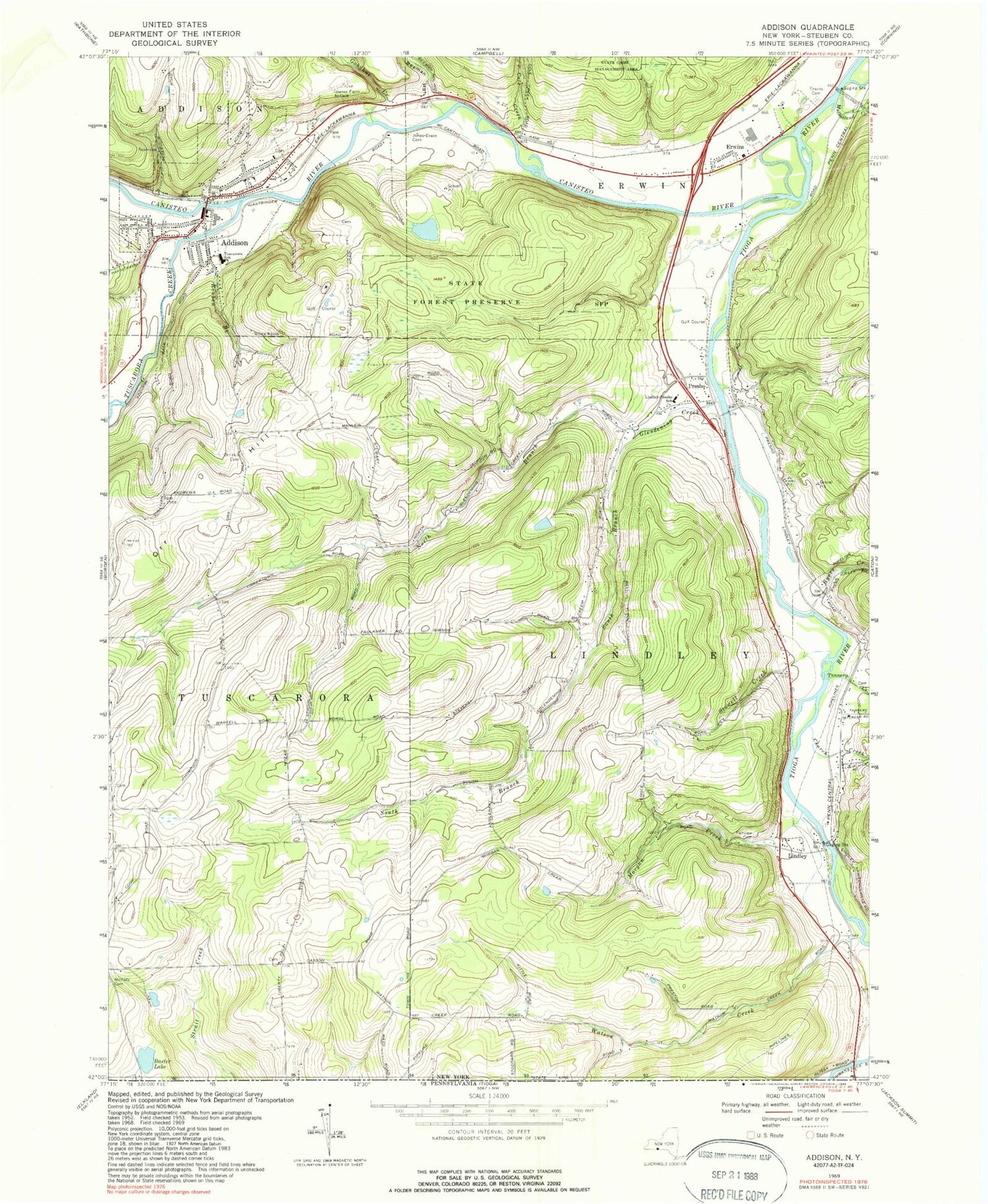 Classic USGS Addison New York 7.5'x7.5' Topo Map Image