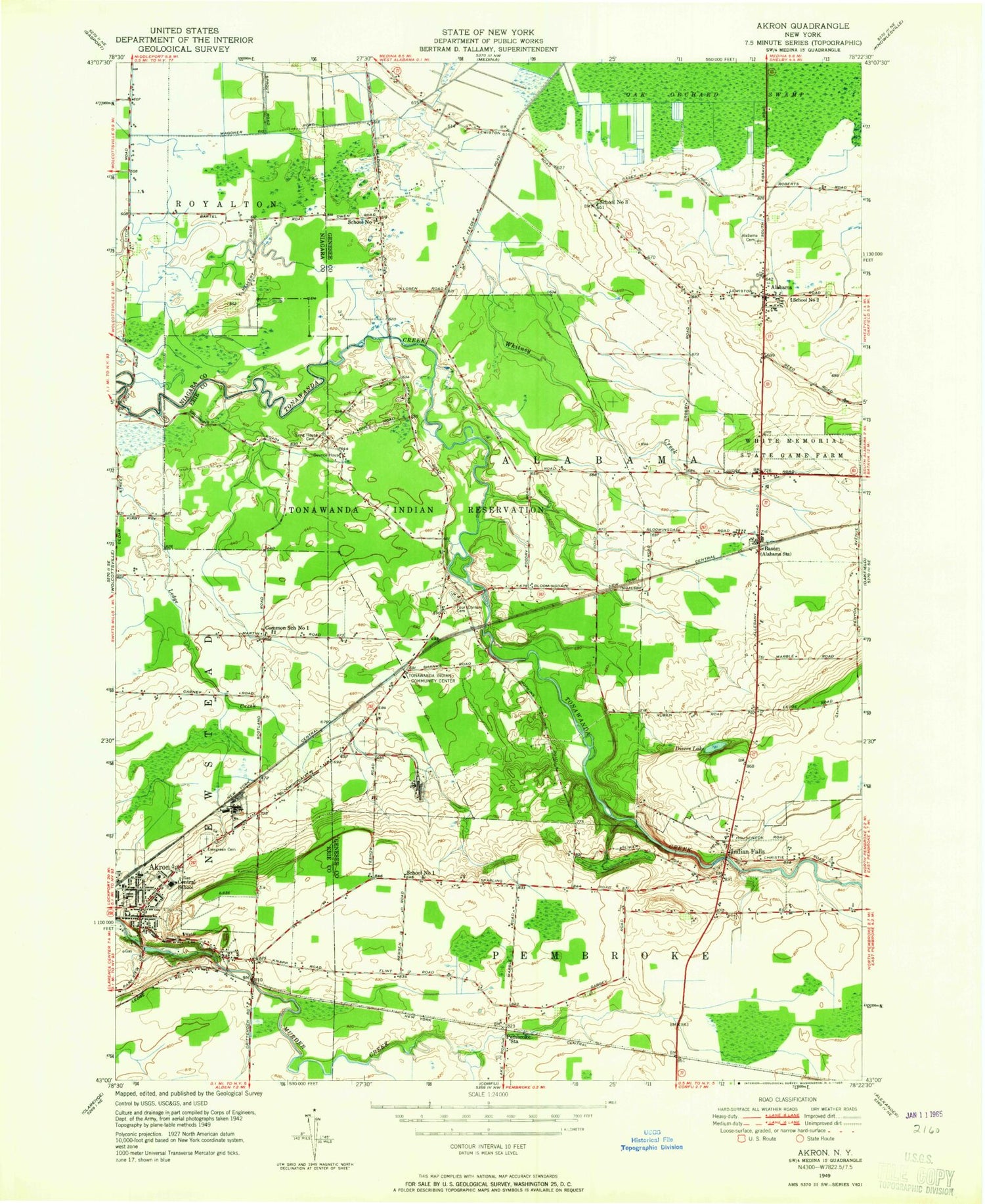 Classic USGS Akron New York 7.5'x7.5' Topo Map Image
