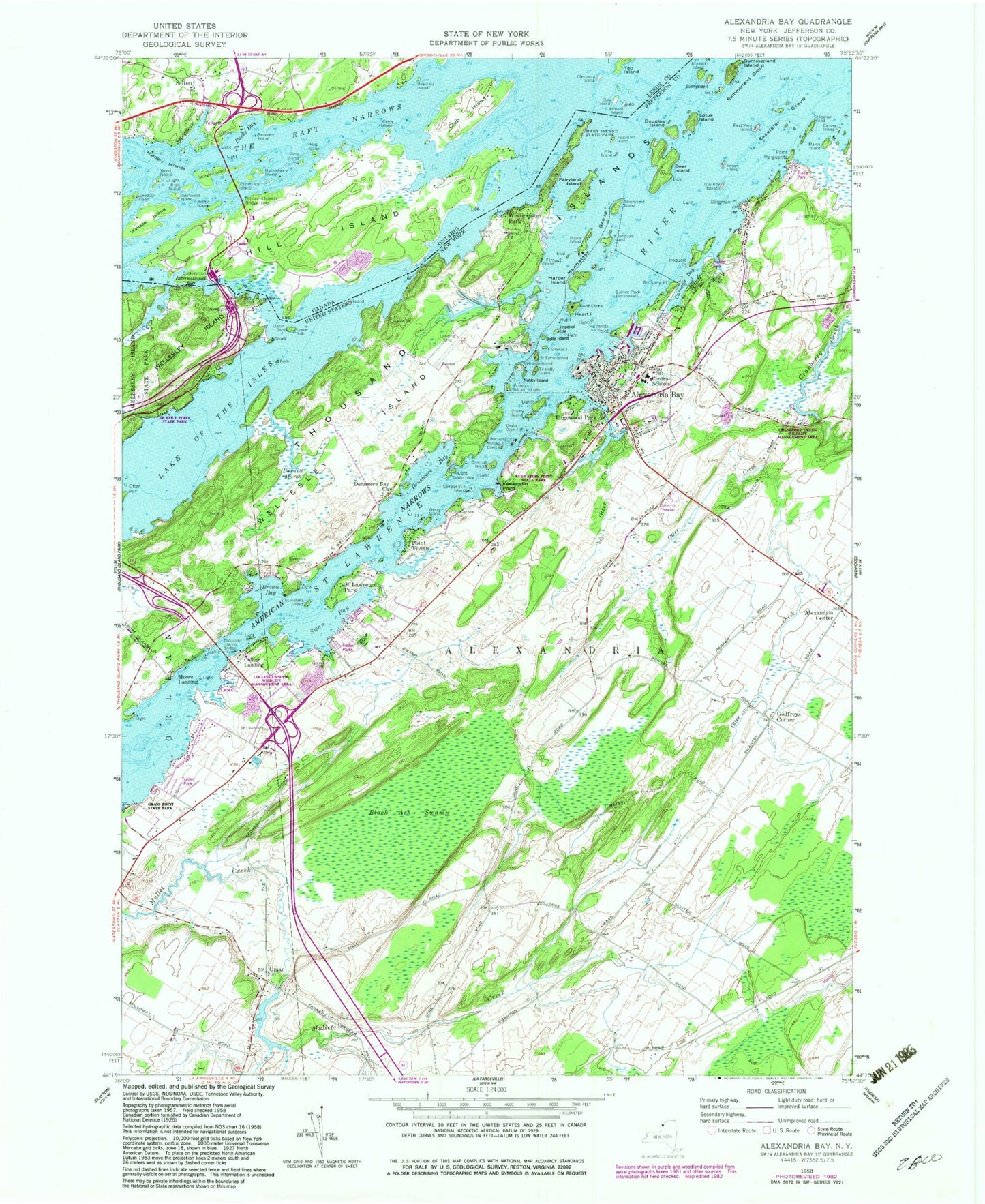 Classic USGS Alexandria Bay New York 7.5'x7.5' Topo Map Image