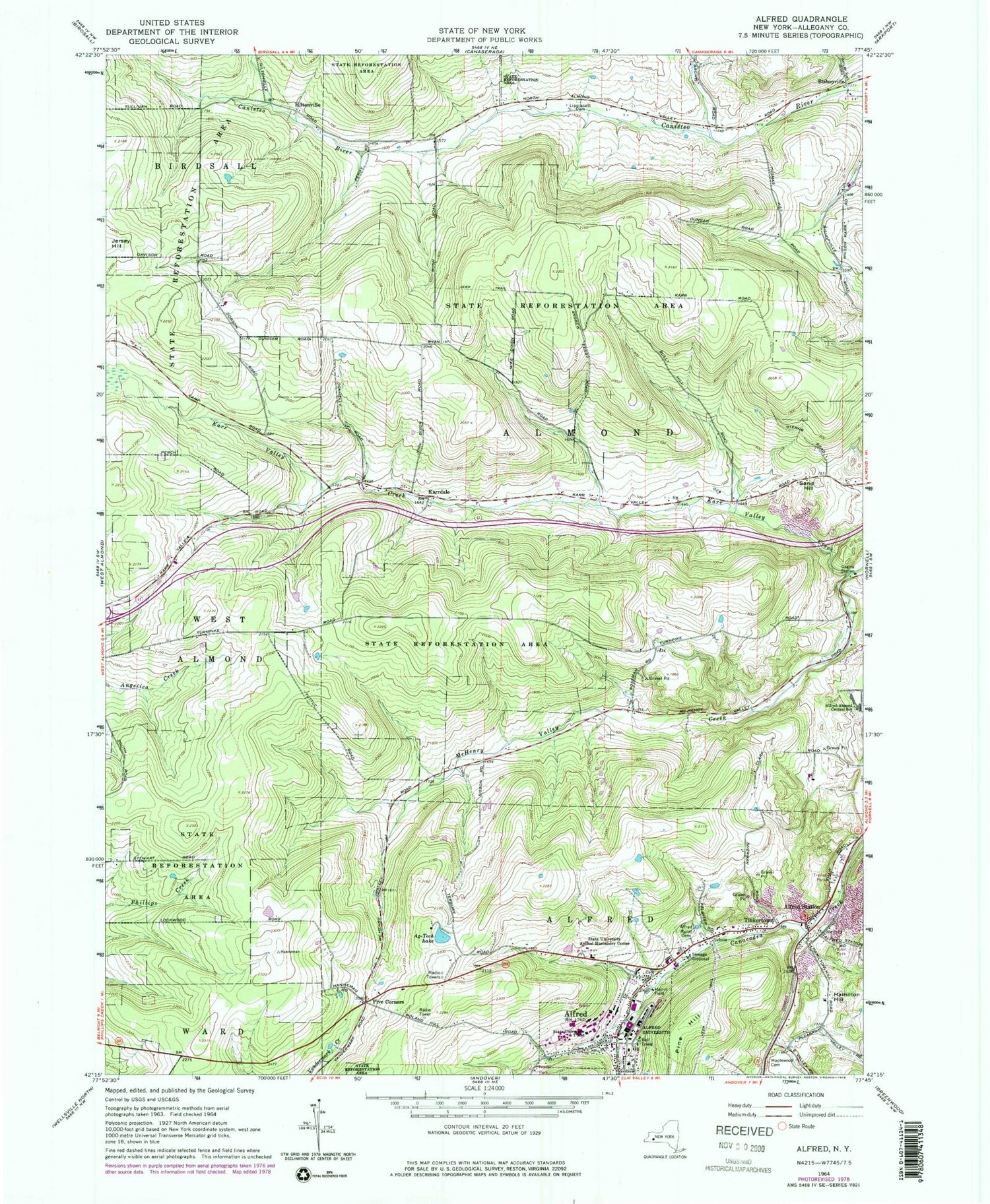 Classic USGS Alfred New York 7.5'x7.5' Topo Map Image