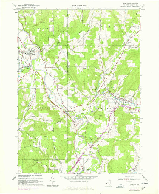 Classic USGS Angelica New York 7.5'x7.5' Topo Map Image