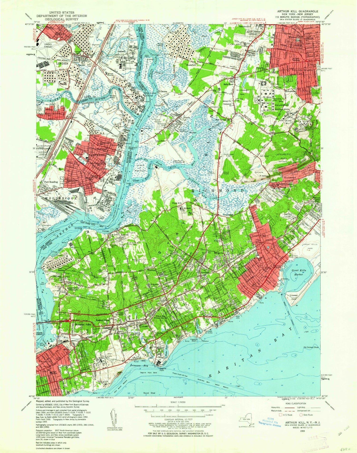 Classic USGS Arthur Kill New York 7.5'x7.5' Topo Map Image
