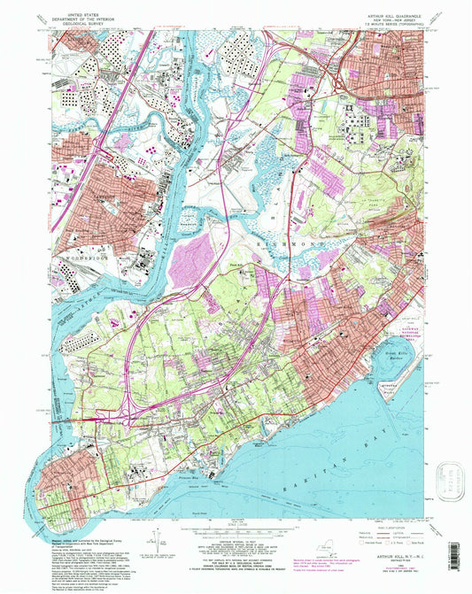 Classic USGS Arthur Kill New York 7.5'x7.5' Topo Map Image