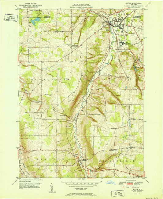 Classic USGS Attica New York 7.5'x7.5' Topo Map Image
