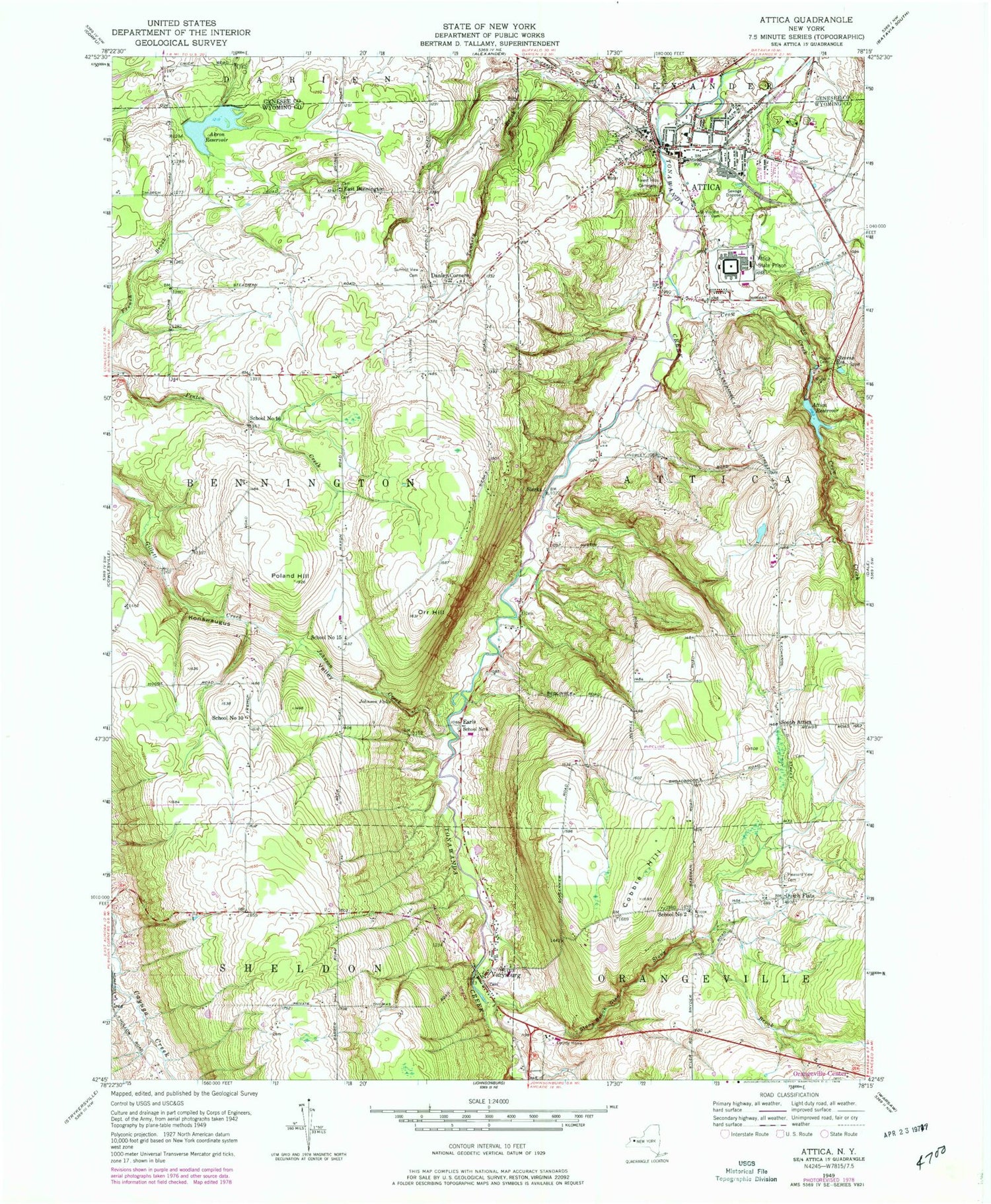 Classic USGS Attica New York 7.5'x7.5' Topo Map Image