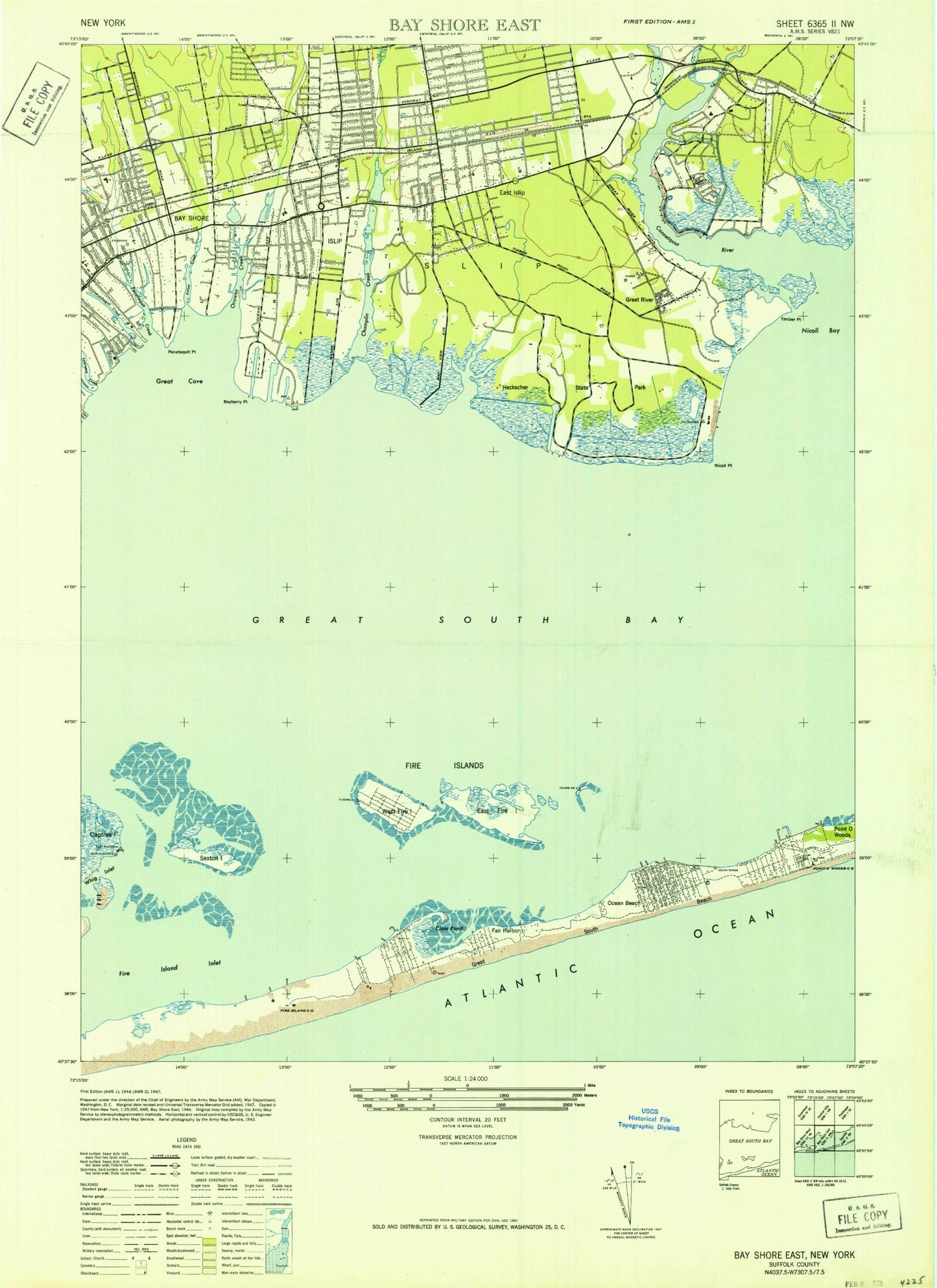 Classic USGS Bay Shore East New York 7.5'x7.5' Topo Map Image