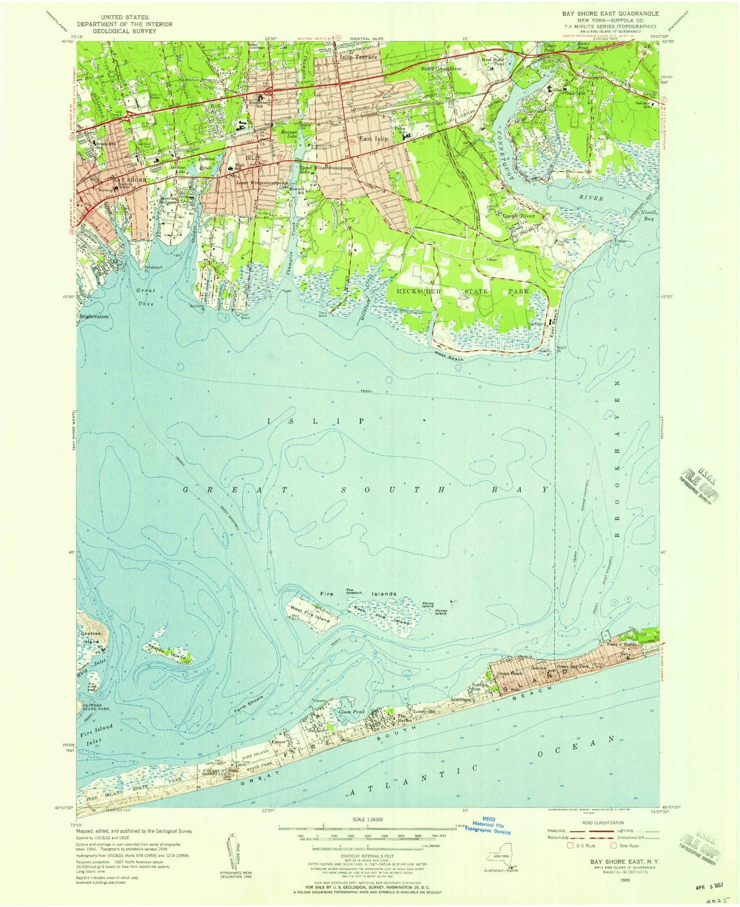 Classic USGS Bay Shore East New York 7.5'x7.5' Topo Map Image