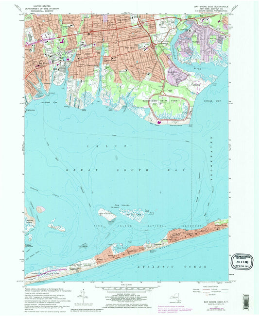 Classic USGS Bay Shore East New York 7.5'x7.5' Topo Map Image