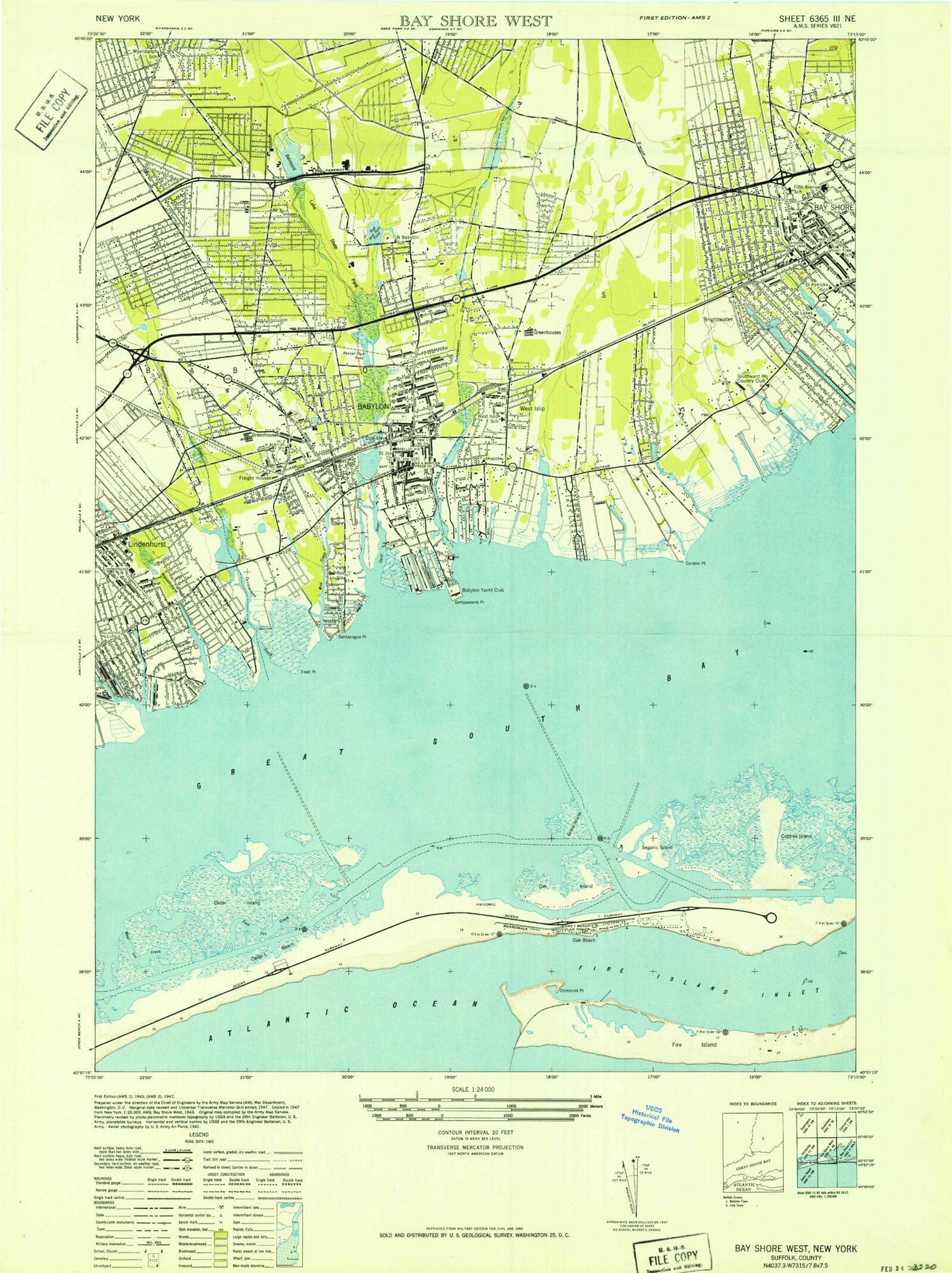 Classic USGS Bay Shore West New York 7.5'x7.5' Topo Map Image