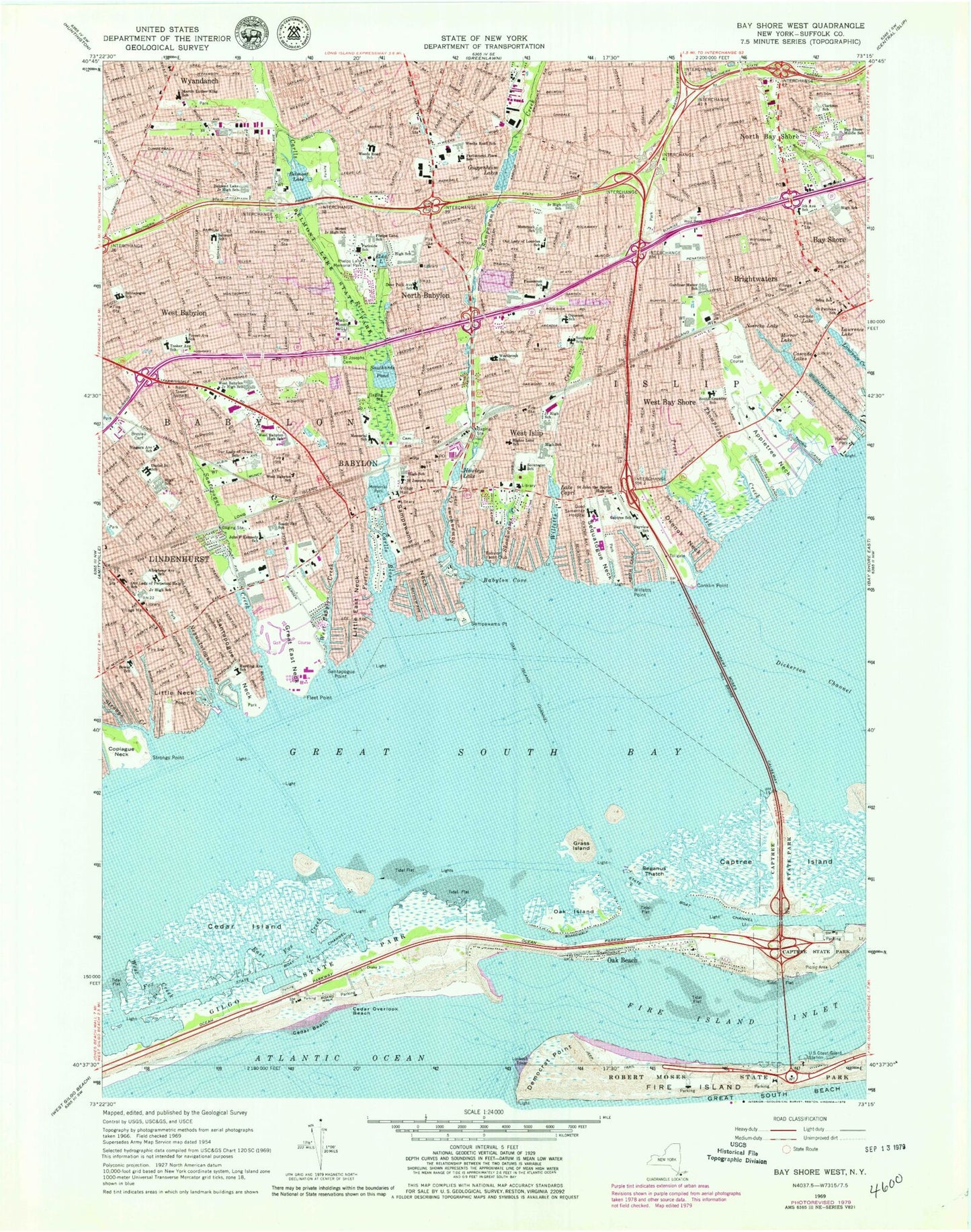 Classic USGS Bay Shore West New York 7.5'x7.5' Topo Map Image