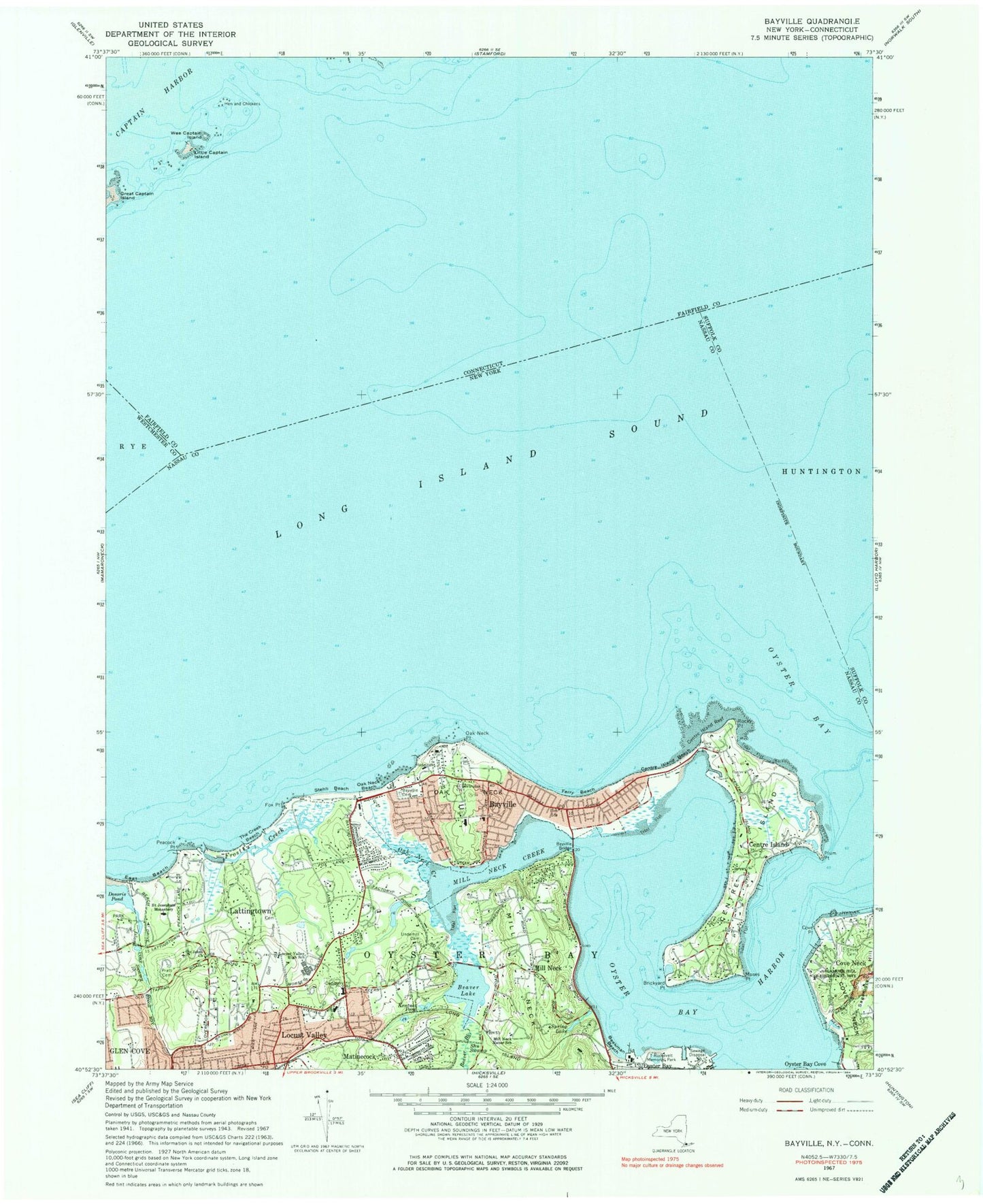 Classic USGS Bayville New York 7.5'x7.5' Topo Map Image