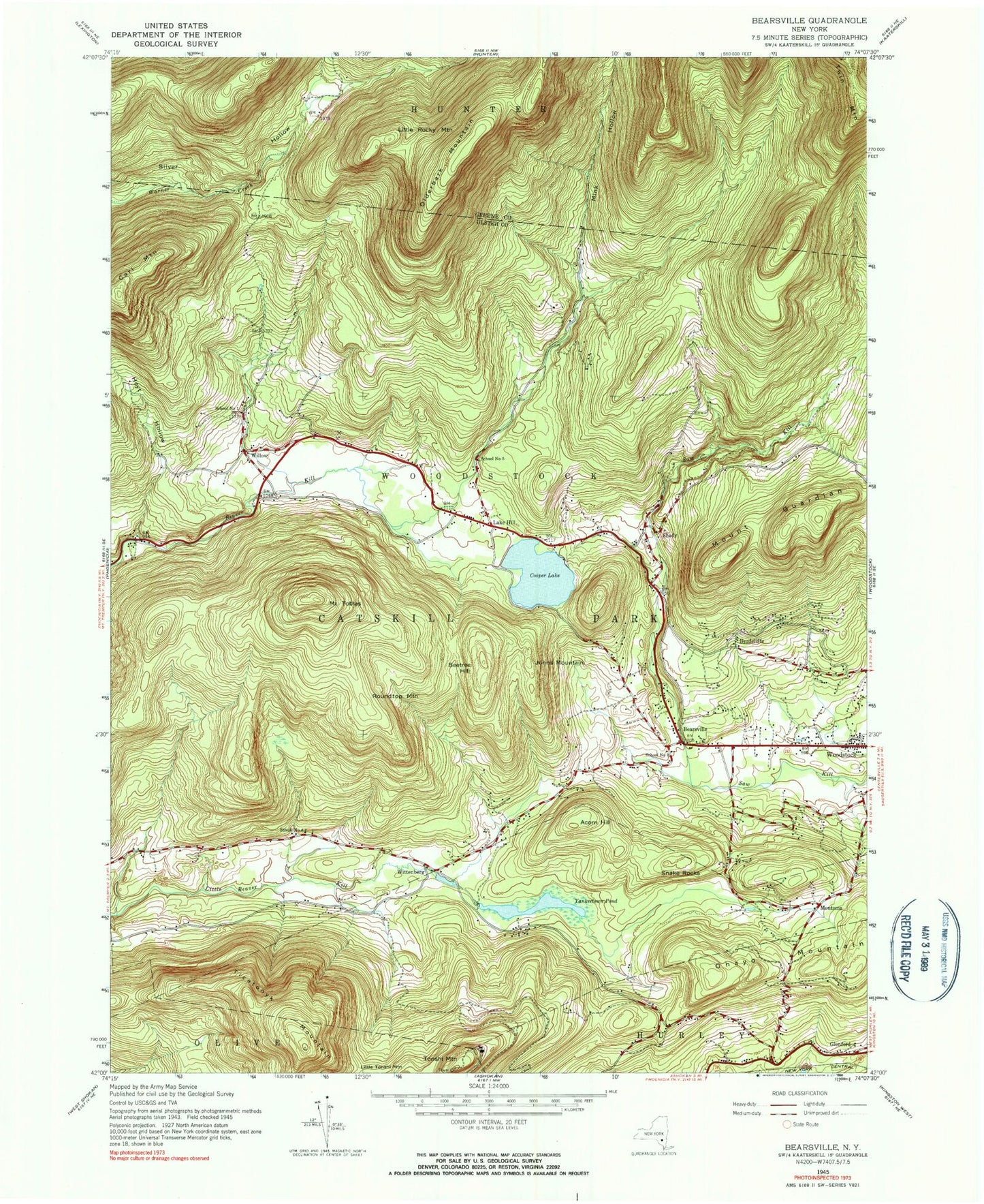 Classic USGS Bearsville New York 7.5'x7.5' Topo Map Image