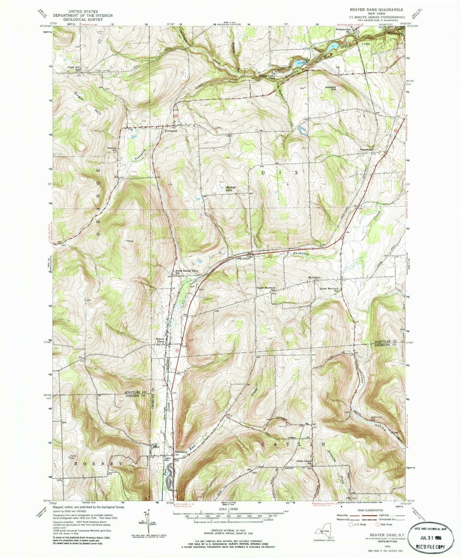 Classic USGS Beaver Dams New York 7.5'x7.5' Topo Map Image