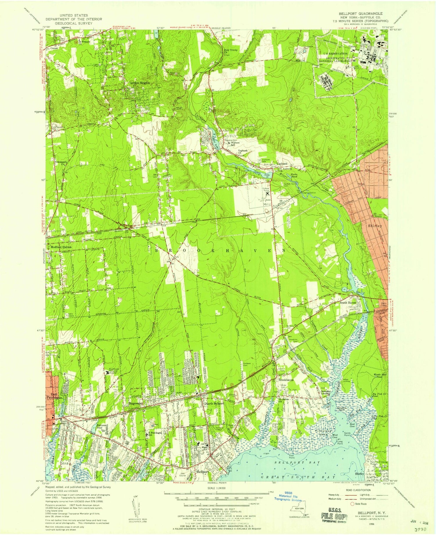 Classic USGS Bellport New York 7.5'x7.5' Topo Map Image