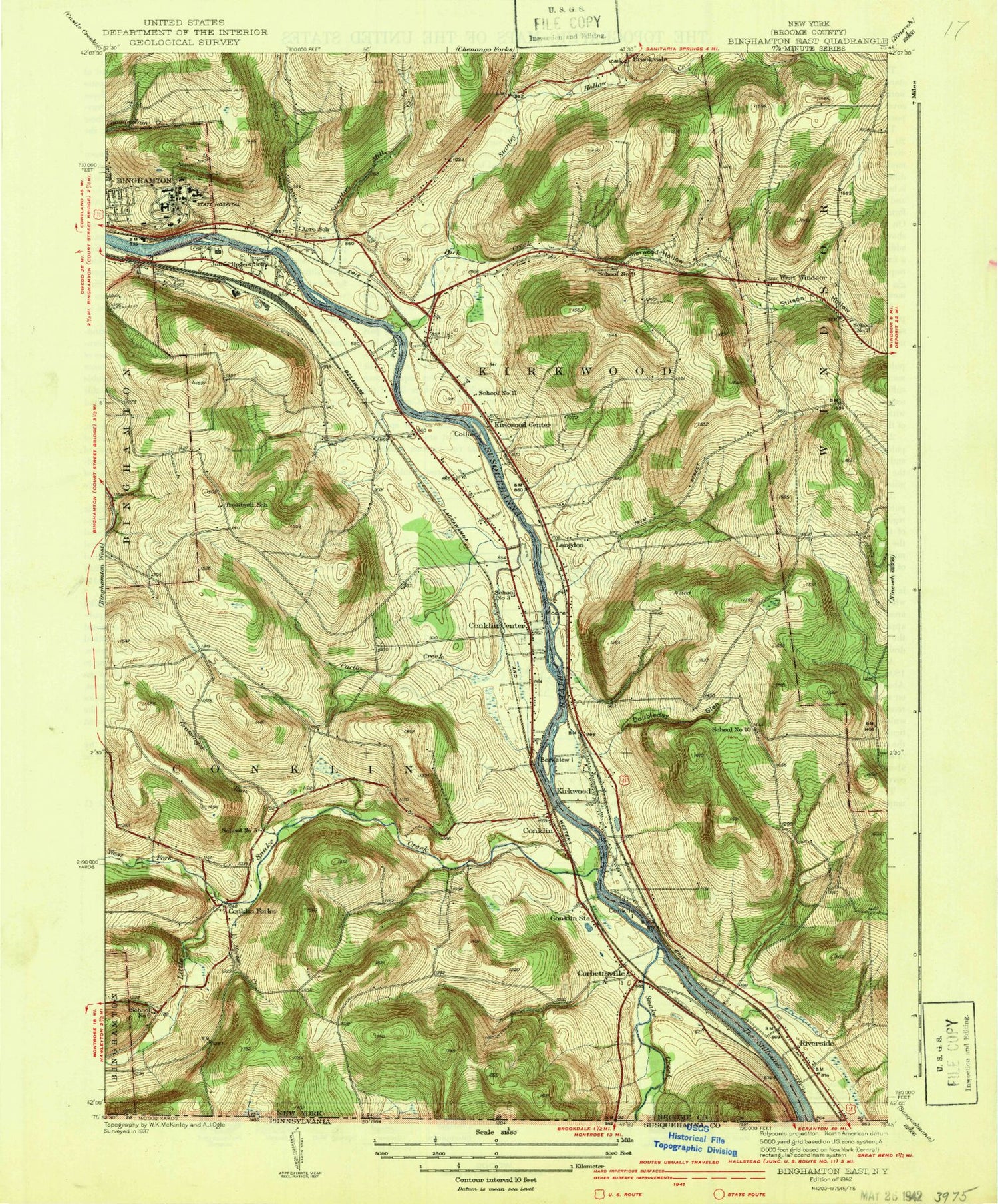 Classic USGS Binghamton East New York 7.5'x7.5' Topo Map Image