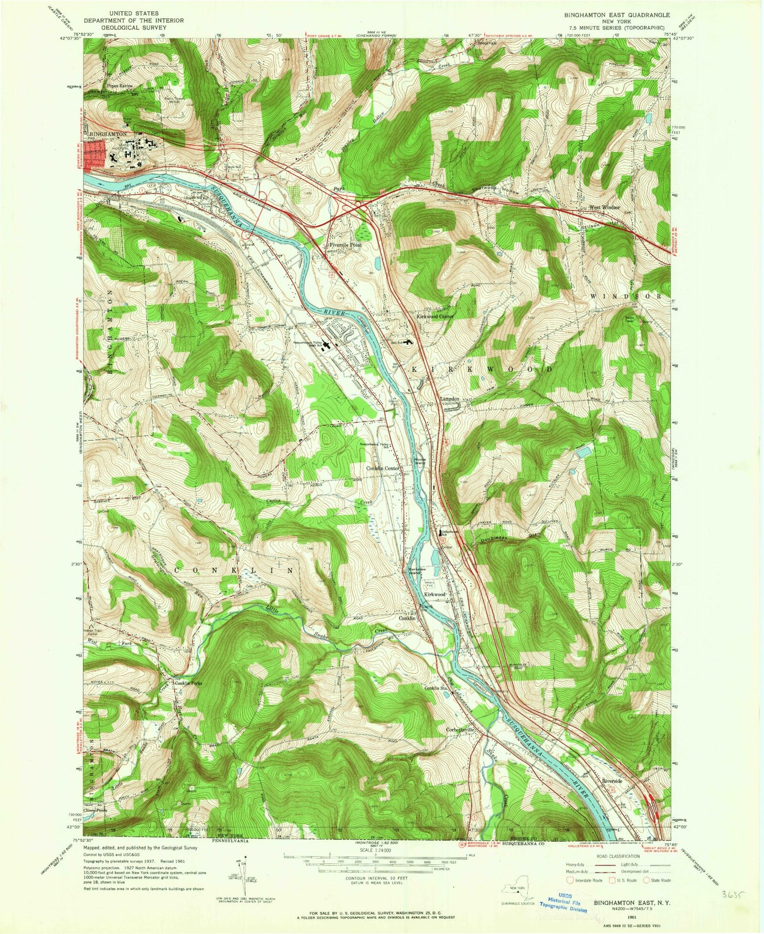 Classic USGS Binghamton East New York 7.5'x7.5' Topo Map Image
