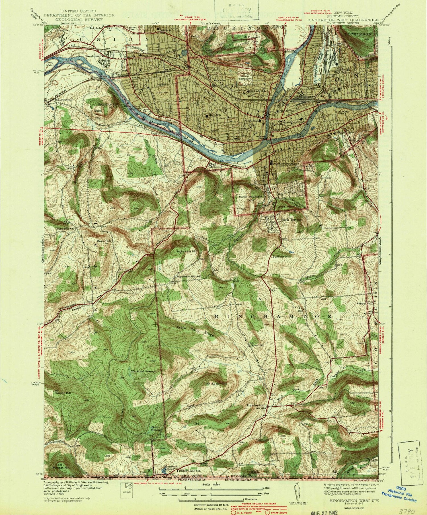 Classic USGS Binghamton West New York 7.5'x7.5' Topo Map Image
