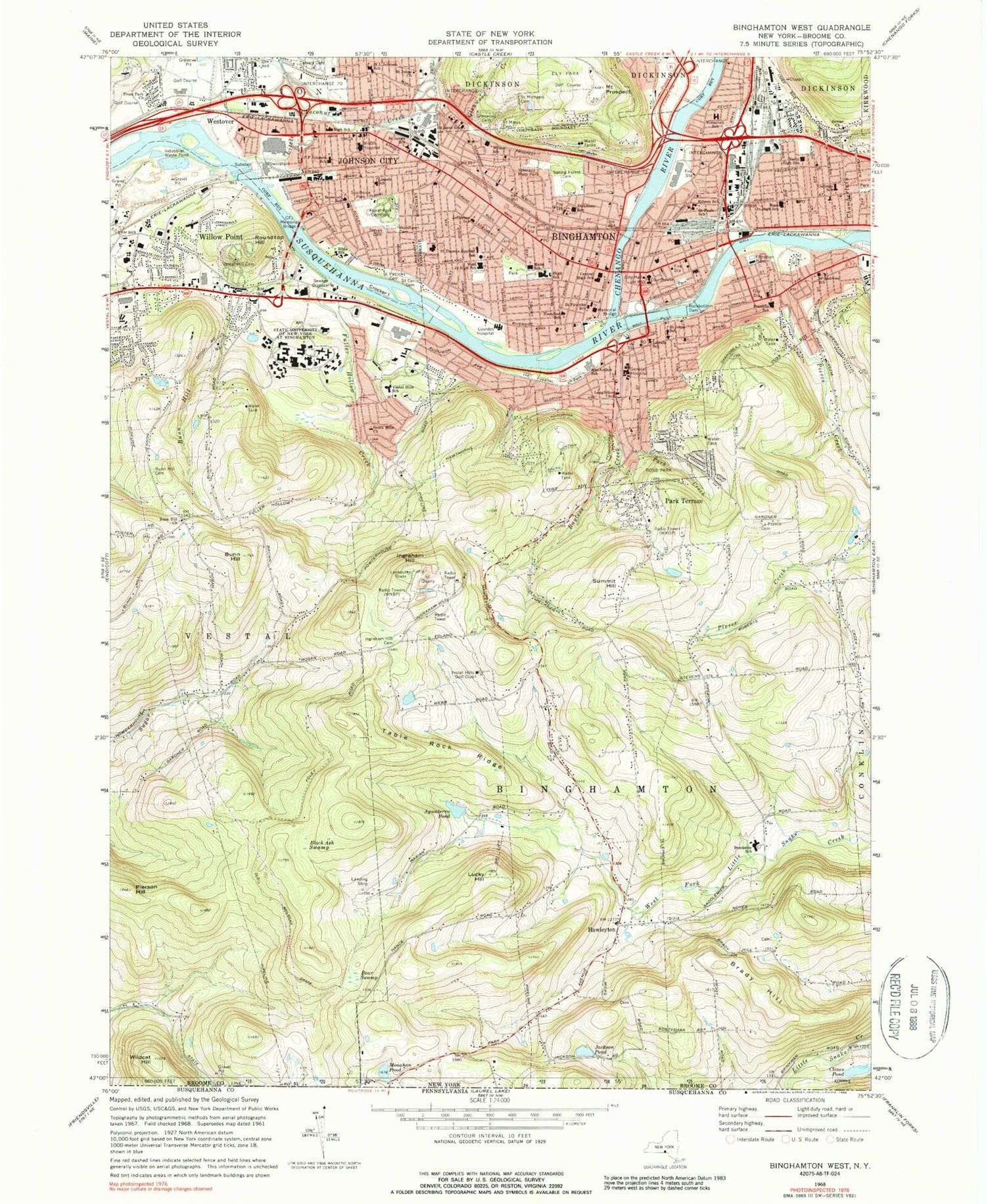Classic USGS Binghamton West New York 7.5'x7.5' Topo Map Image