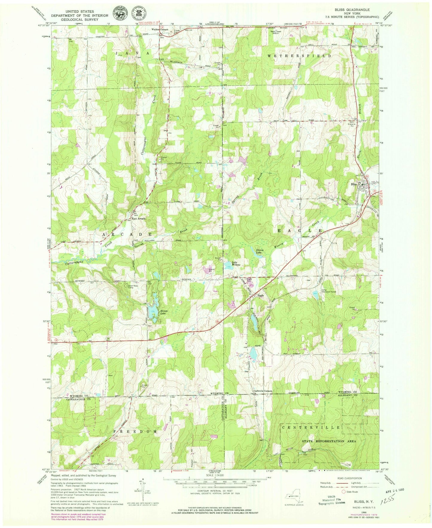 Classic USGS Bliss New York 7.5'x7.5' Topo Map Image