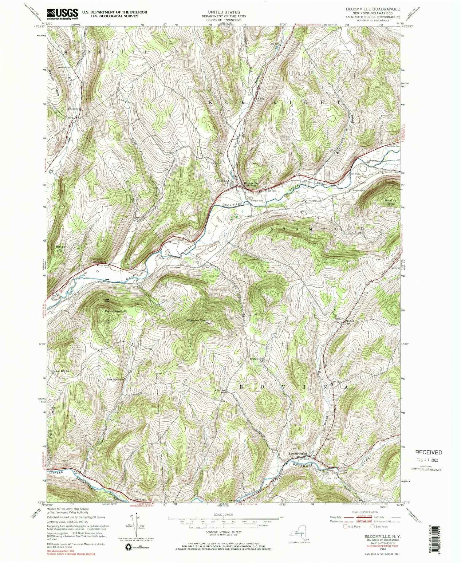 Classic USGS Bloomville New York 7.5'x7.5' Topo Map Image